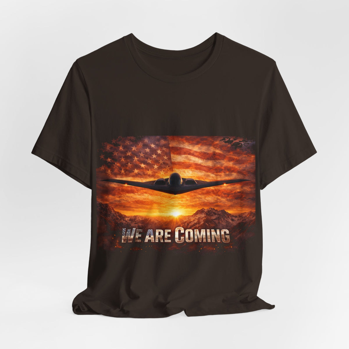 We Are Coming Military T-Shirt – American Flag Bomber Plane Graphic Tee