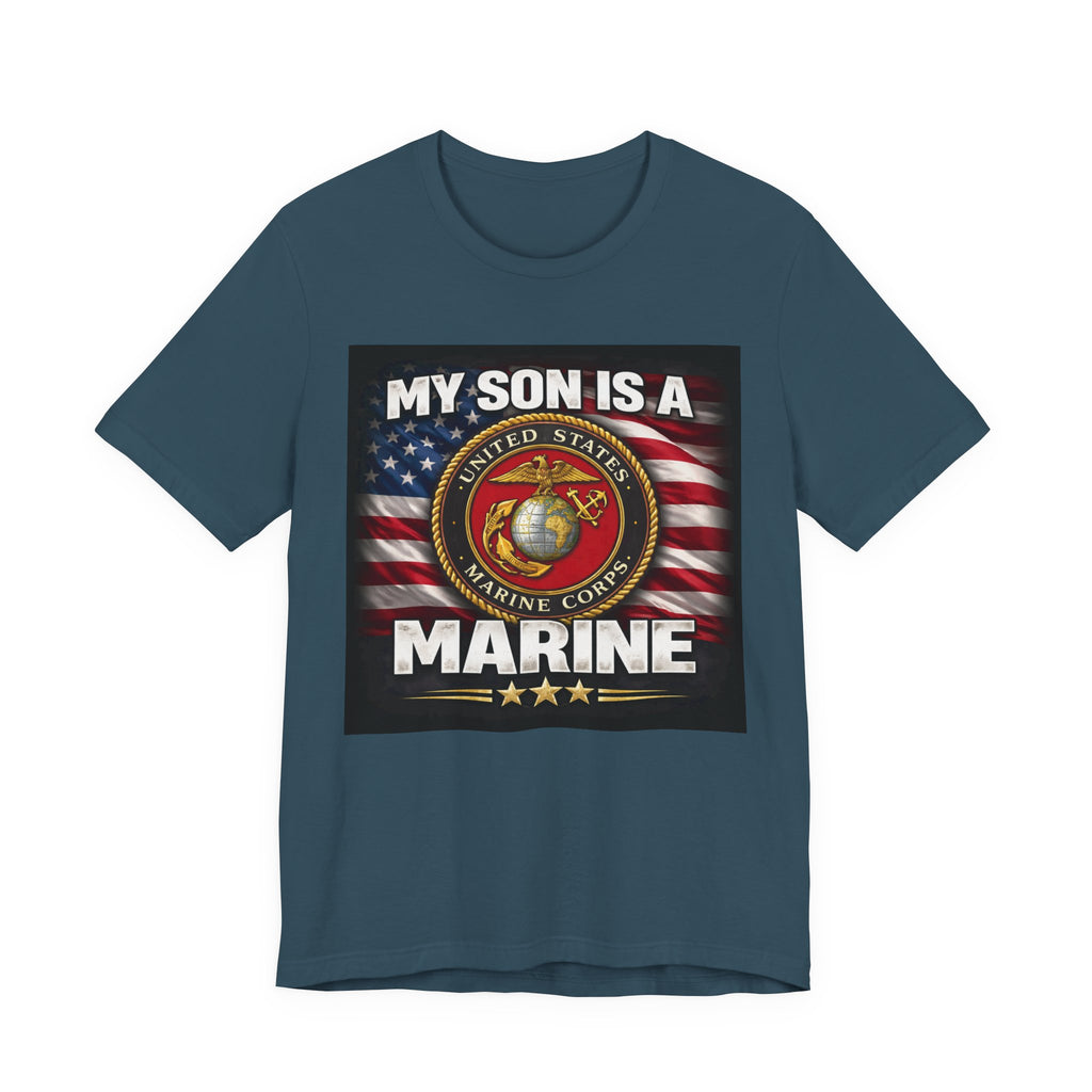 Marine Pride T-Shirt — "My Son Is A Marine" American Flag Emblem