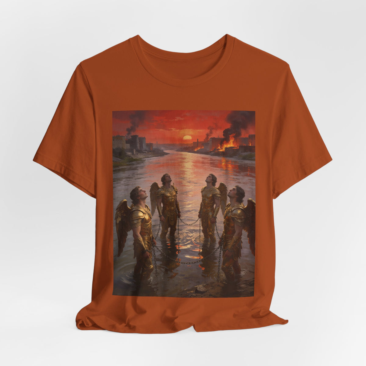 Revelation 9 reveals four fallen angels bound in the Euphrates River, awaiting God’s appointed time to bring judgment. T-Shirt
