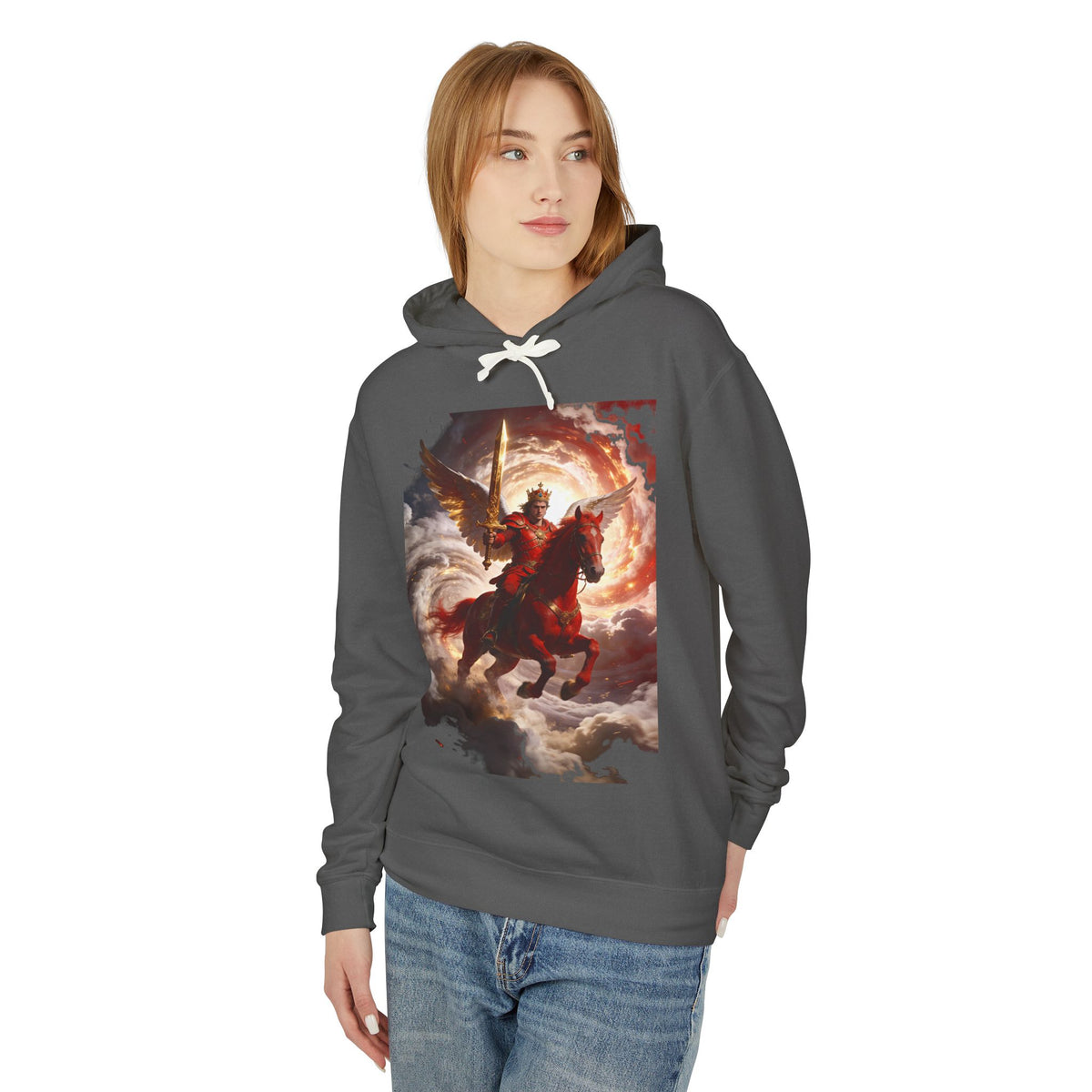 The red horse from Revelation 6:3-4-Angel Knight Hoodie — Celestial Warrior Horse Graphic Sweatshirt