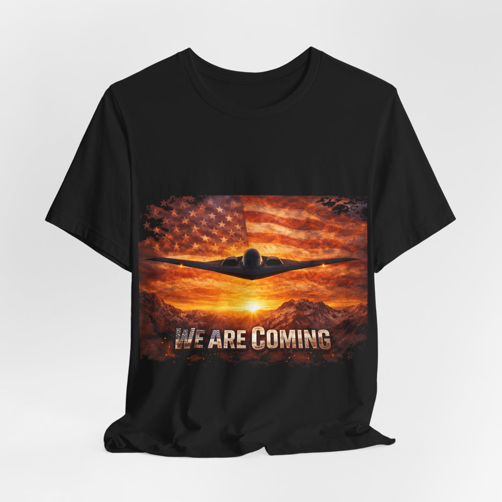 We Are Coming Military T-Shirt – American Flag Bomber Plane Graphic Tee