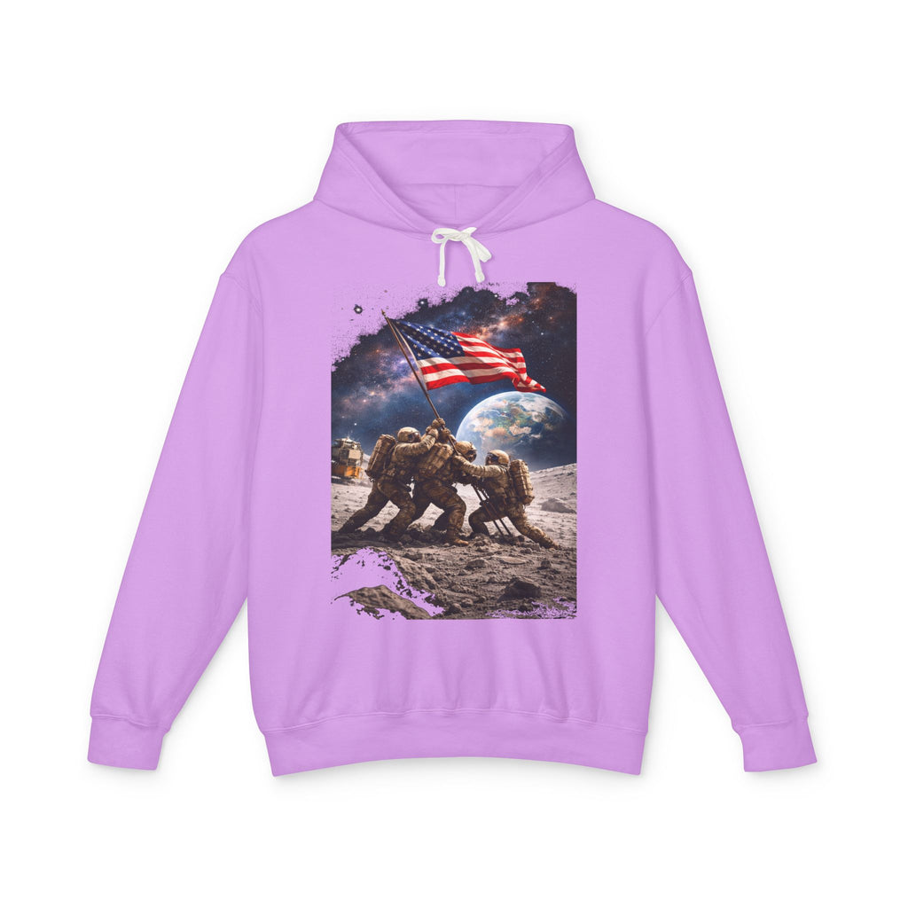 Patriotic Moon Landing Hoodie — Astronauts Raising American Flag Graphic