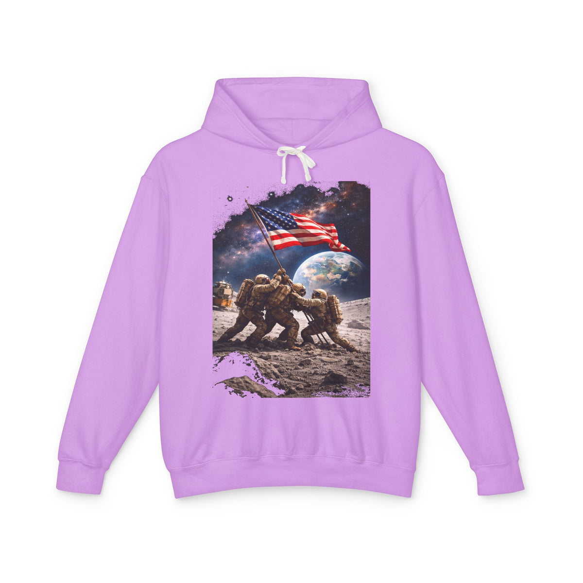 Patriotic Moon Landing Hoodie — Astronauts Raising American Flag Graphic