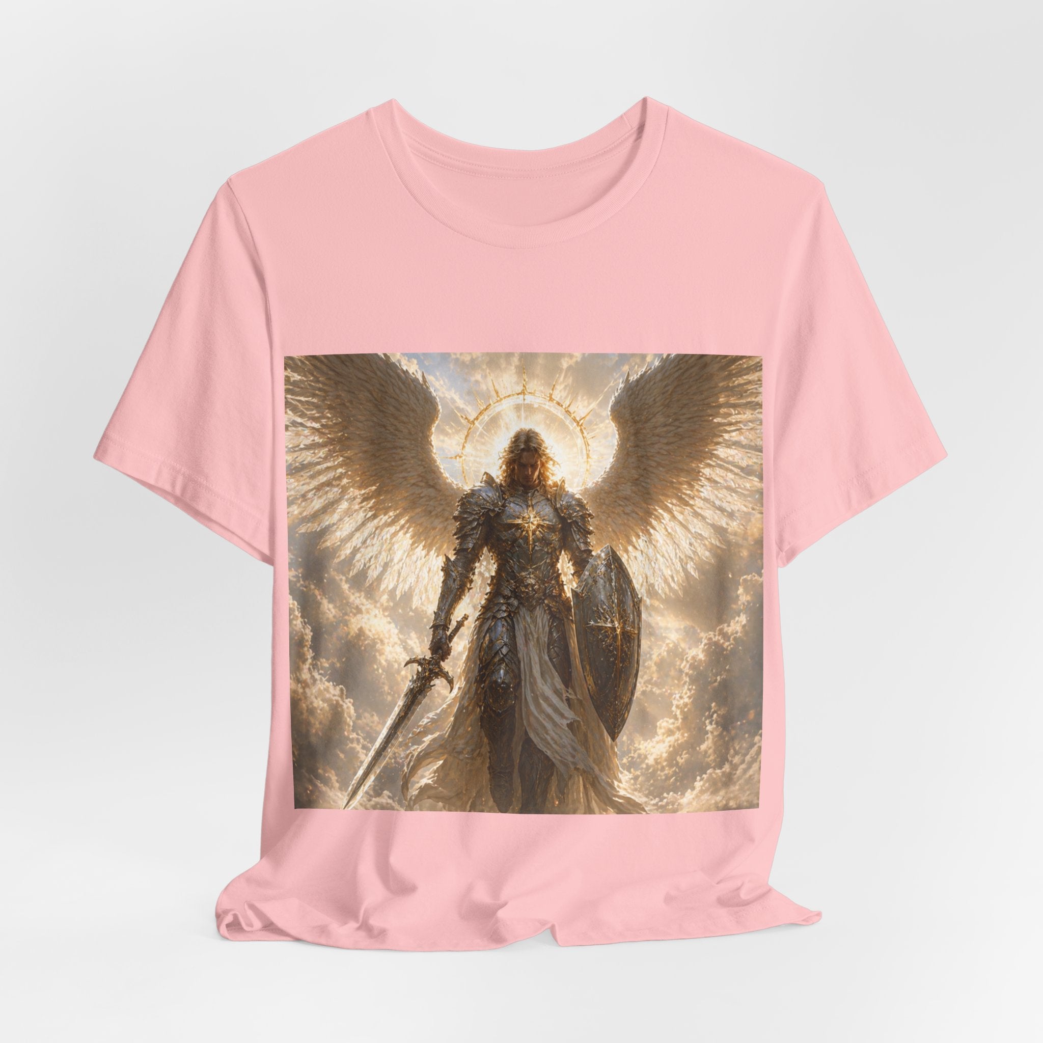 Archangel Warrior Graphic Tee — Golden Angel with Sword & Shield