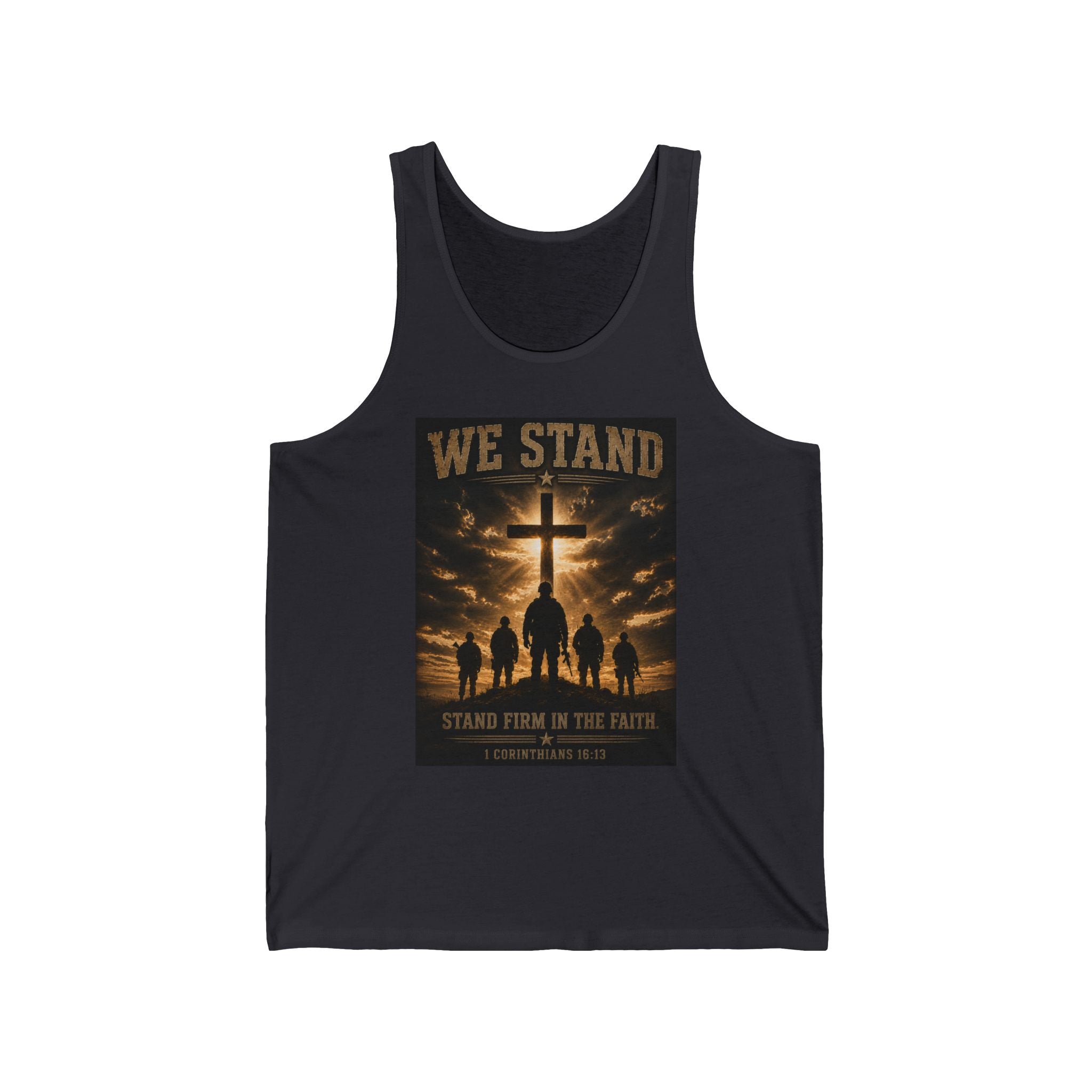 We Stand as a Christian Tank Top — Stand Firm in the Faith Cross Silhouette Tank
