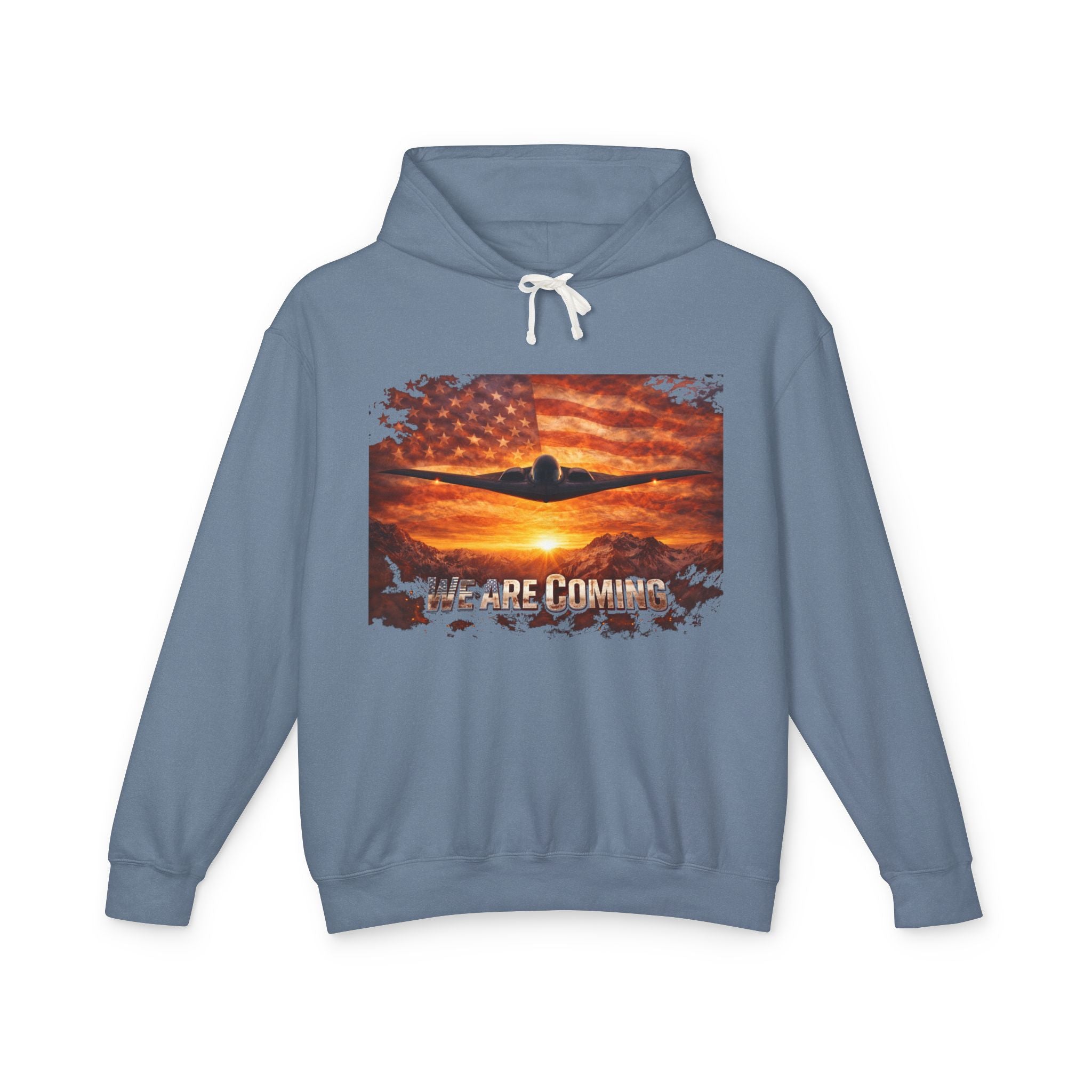 USA B2 Spirt--Airplane Sunset Hoodie — "Wherever I Roam" Vintage Flag Pilot Sweatshirt