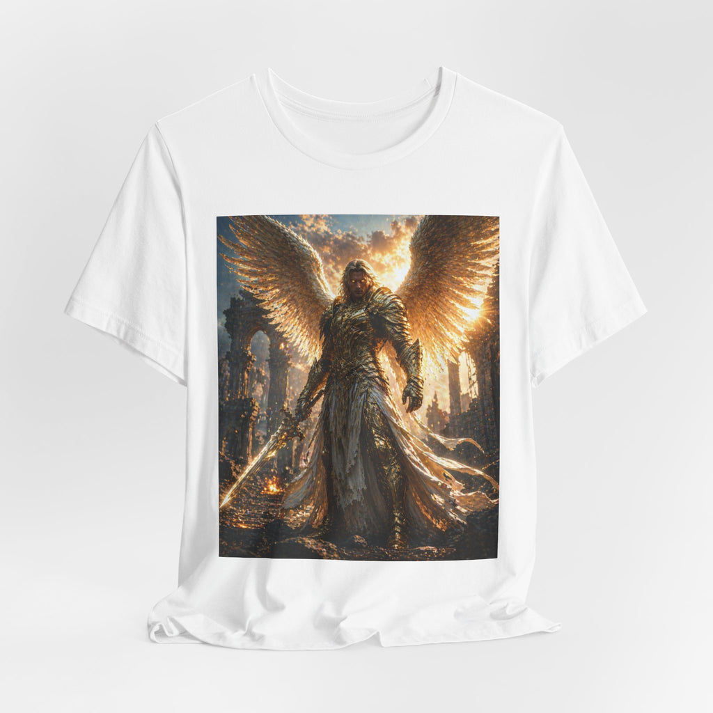Angel Warrior Graphic Tee — Golden Archangel Battle Scene T-Shirt