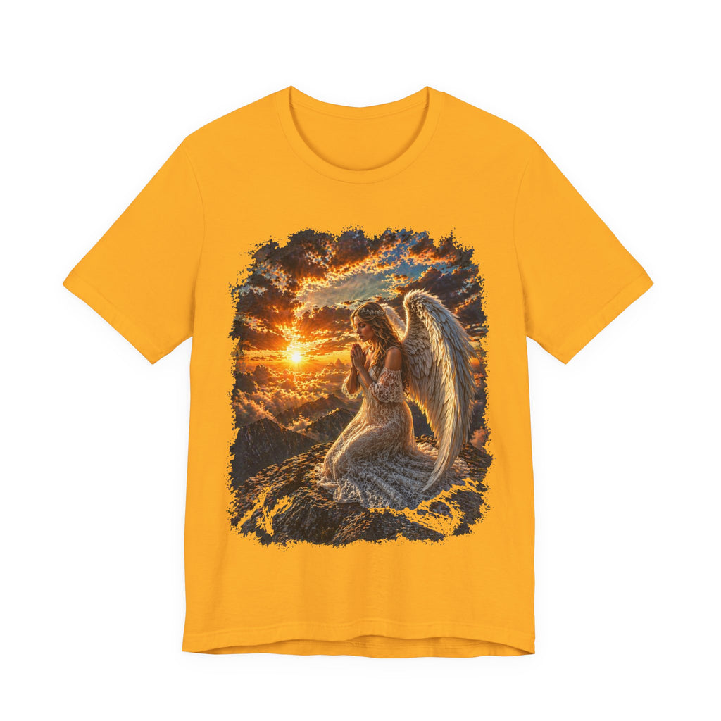 Angel at Sunset Graphic Tee — Prayerful Guardian Winged Angel T-Shirt