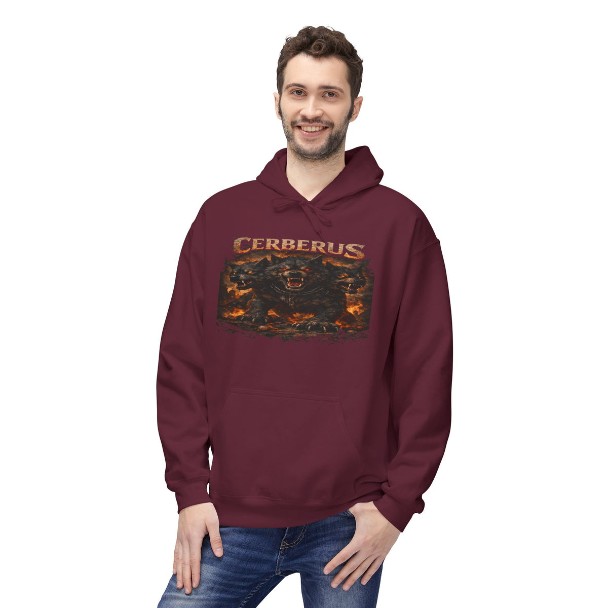 Gerberus Mythic Dog Hoodie — Fiery Cerberus Graphic Sweatshirt