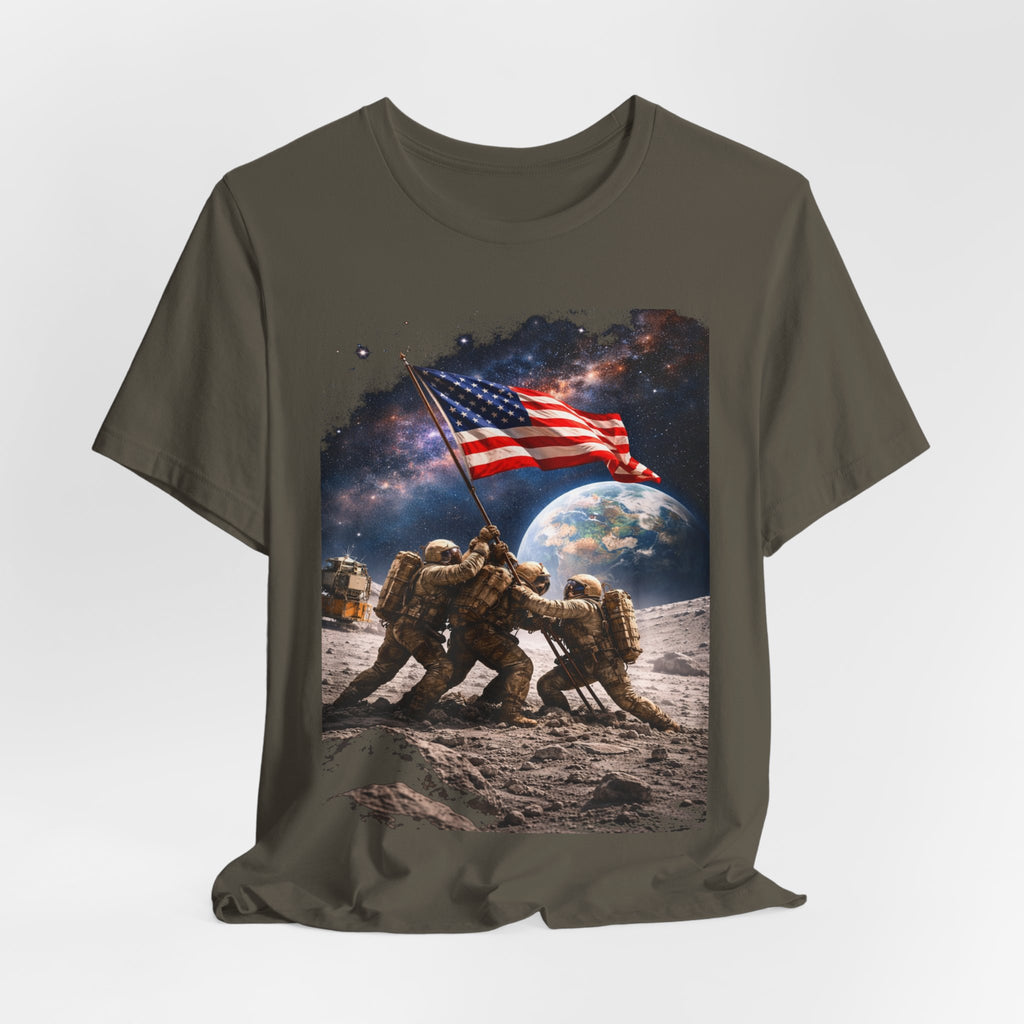 Patriotic Moon Landing Tee — Soldiers Raising American Flag Graphic T-Shirt