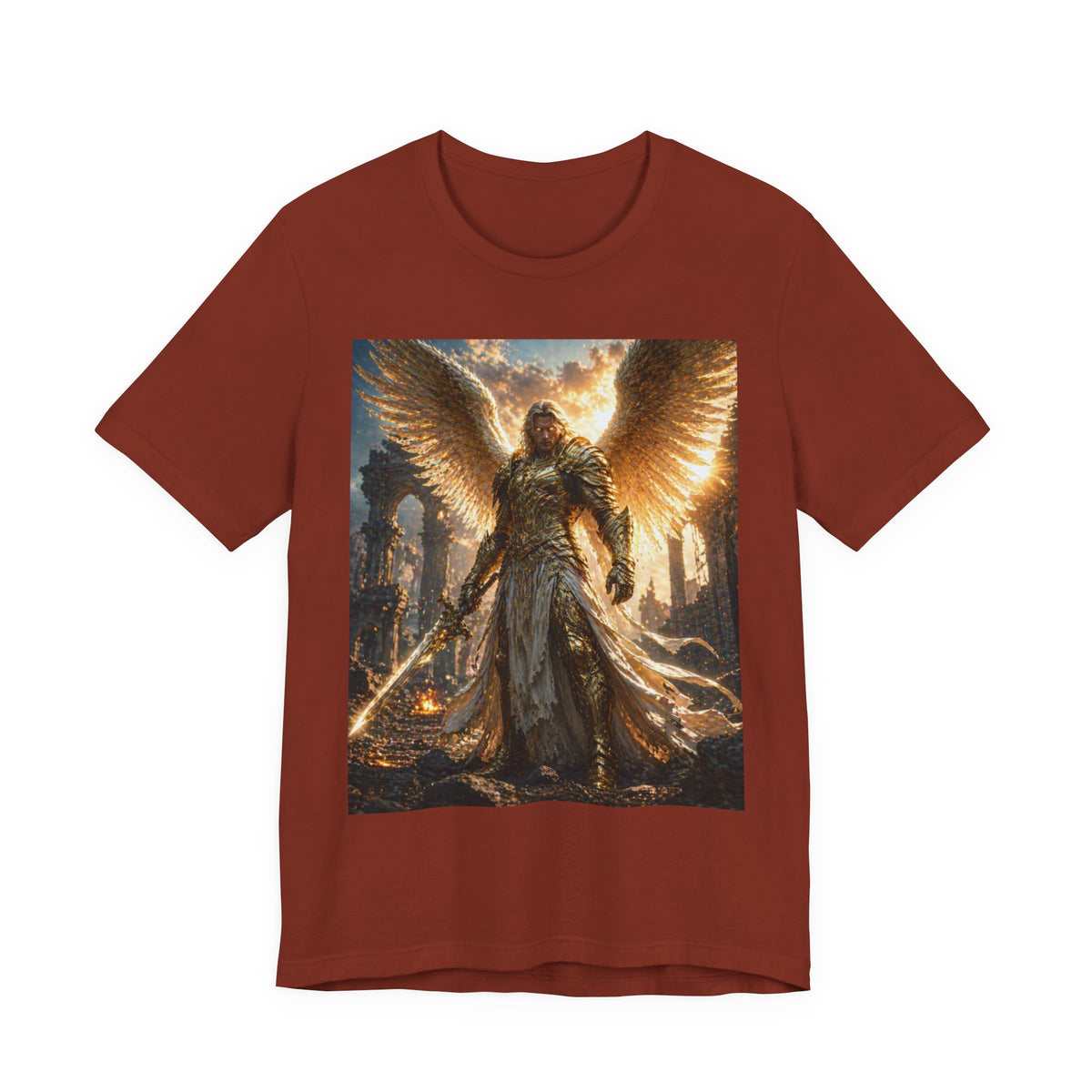 Angel Warrior Graphic Tee — Golden Archangel Battle Scene T-Shirt