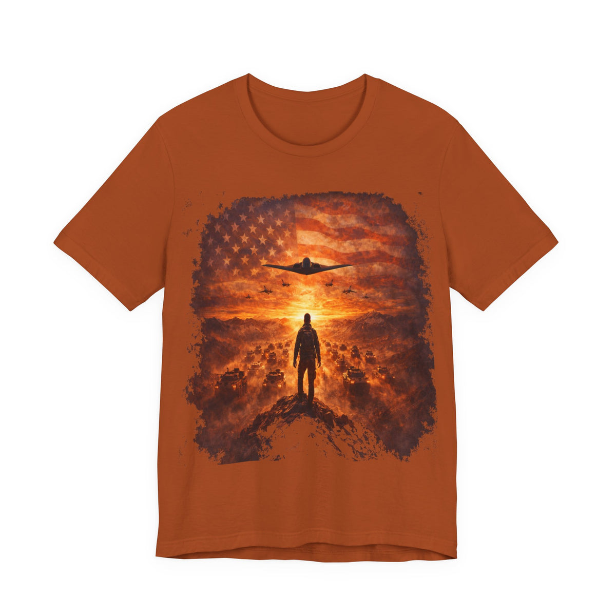 USA-Military Aviation T-Shirt — Bomber Silhouette with American Flag Sunset