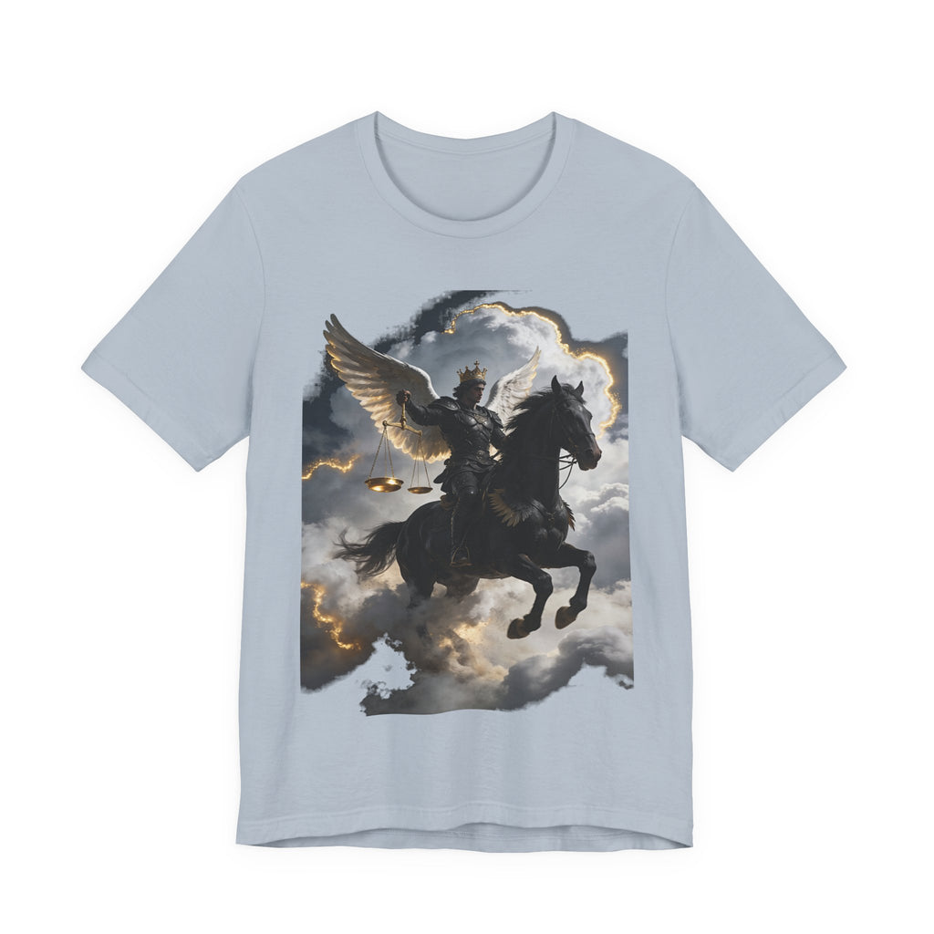 Revelation 6:5-6! And on the horse was a rider with wings as an angle dress as an warrior in black holding a golden a pair of scalesT‑Shirt — Winged Knight Graphic Tee