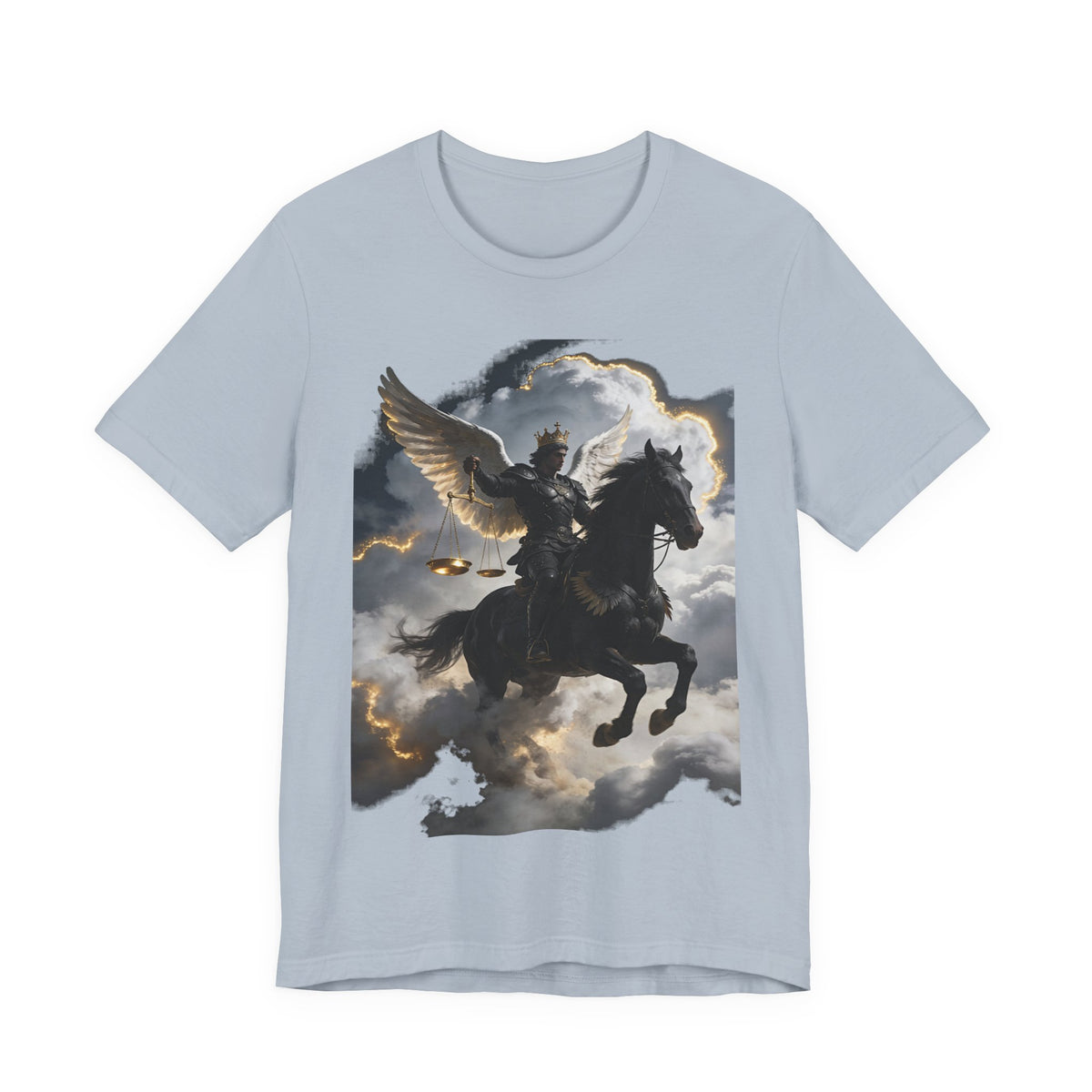 Revelation 6:5-6! And on the horse was a rider with wings as an angle dress as an warrior in black holding a golden a pair of scalesT‑Shirt — Winged Knight Graphic Tee