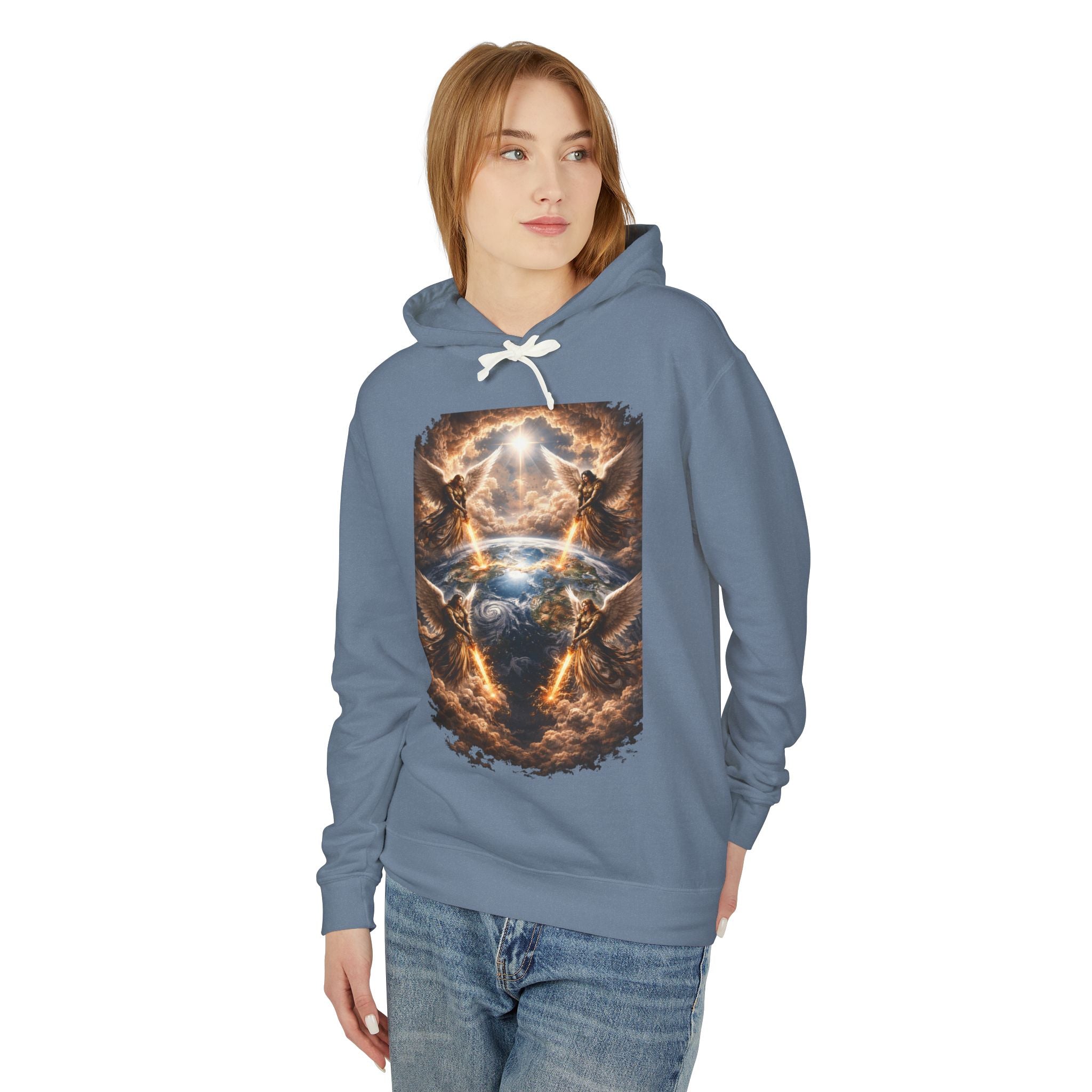 Revelation 7:1 Four angels standing on the four corners of the earth as seen from heaven Apocalyptic Earth Graphic Hoodie — Cosmic Storms, Lightning & Angelic Light