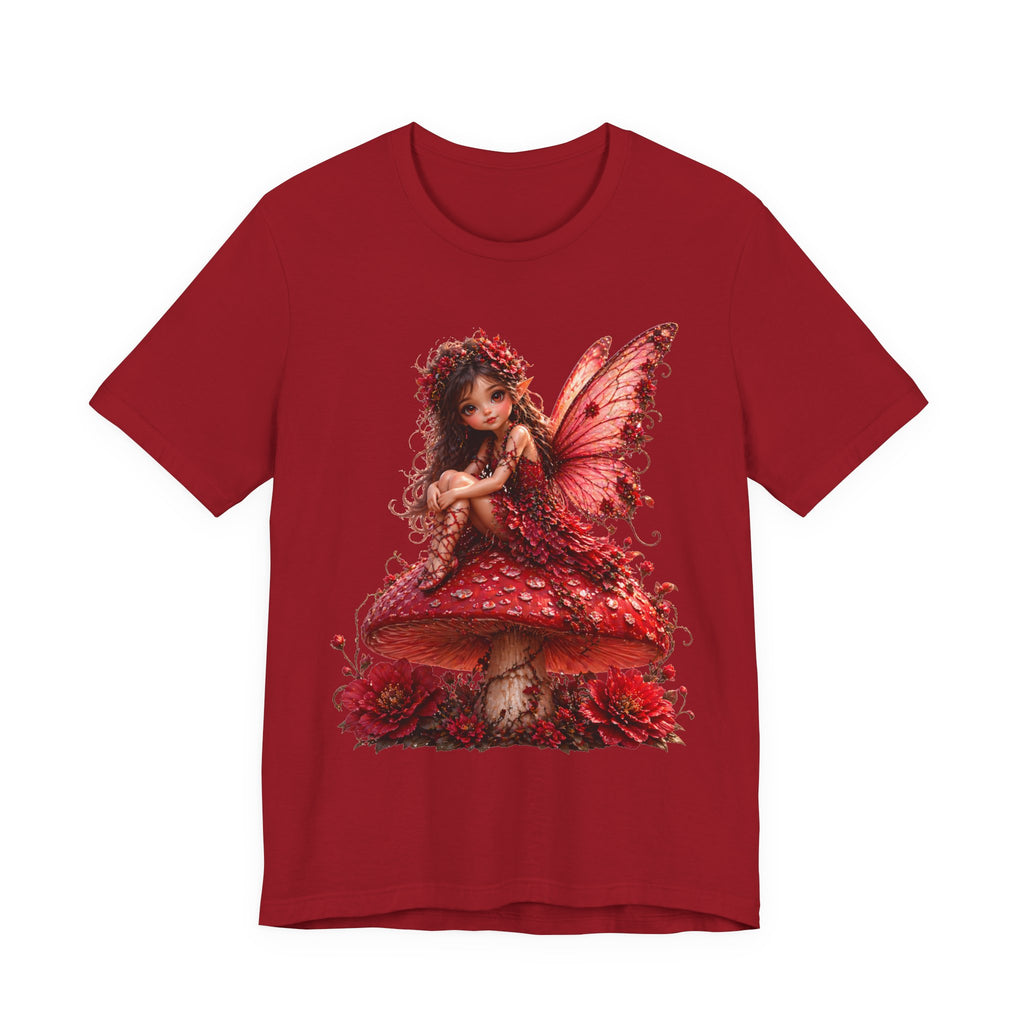 Fairy on Red Mushroom T‑Shirt — Whimsical Red Fairy Graphic Tee