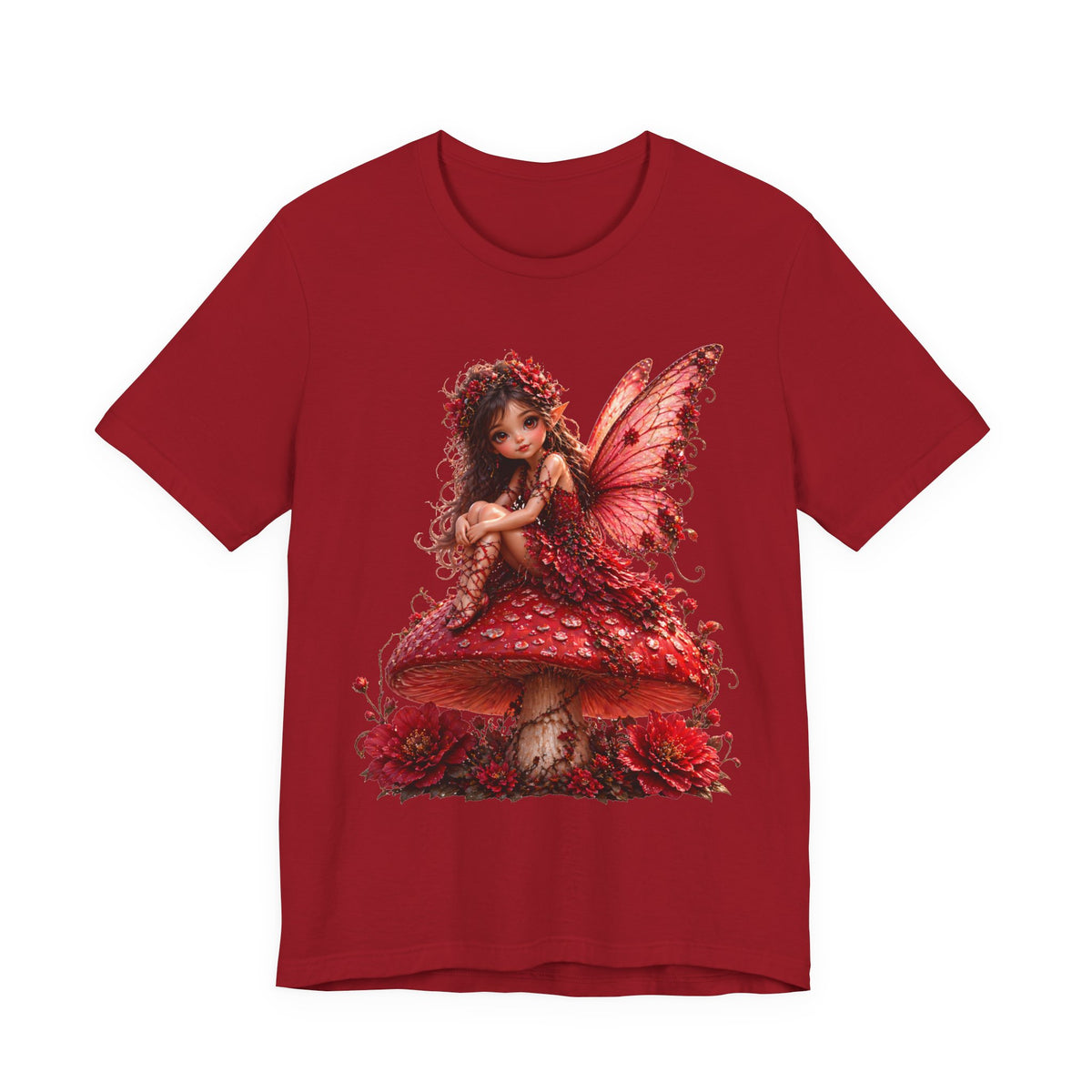 Fairy on Red Mushroom T‑Shirt — Whimsical Red Fairy Graphic Tee