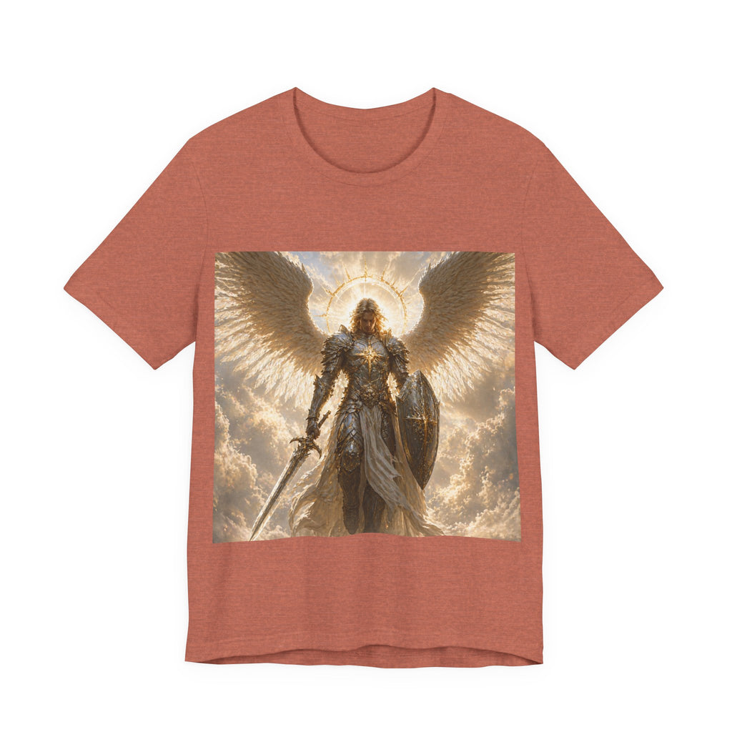 Archangel Warrior Graphic Tee — Golden Angel with Sword & Shield