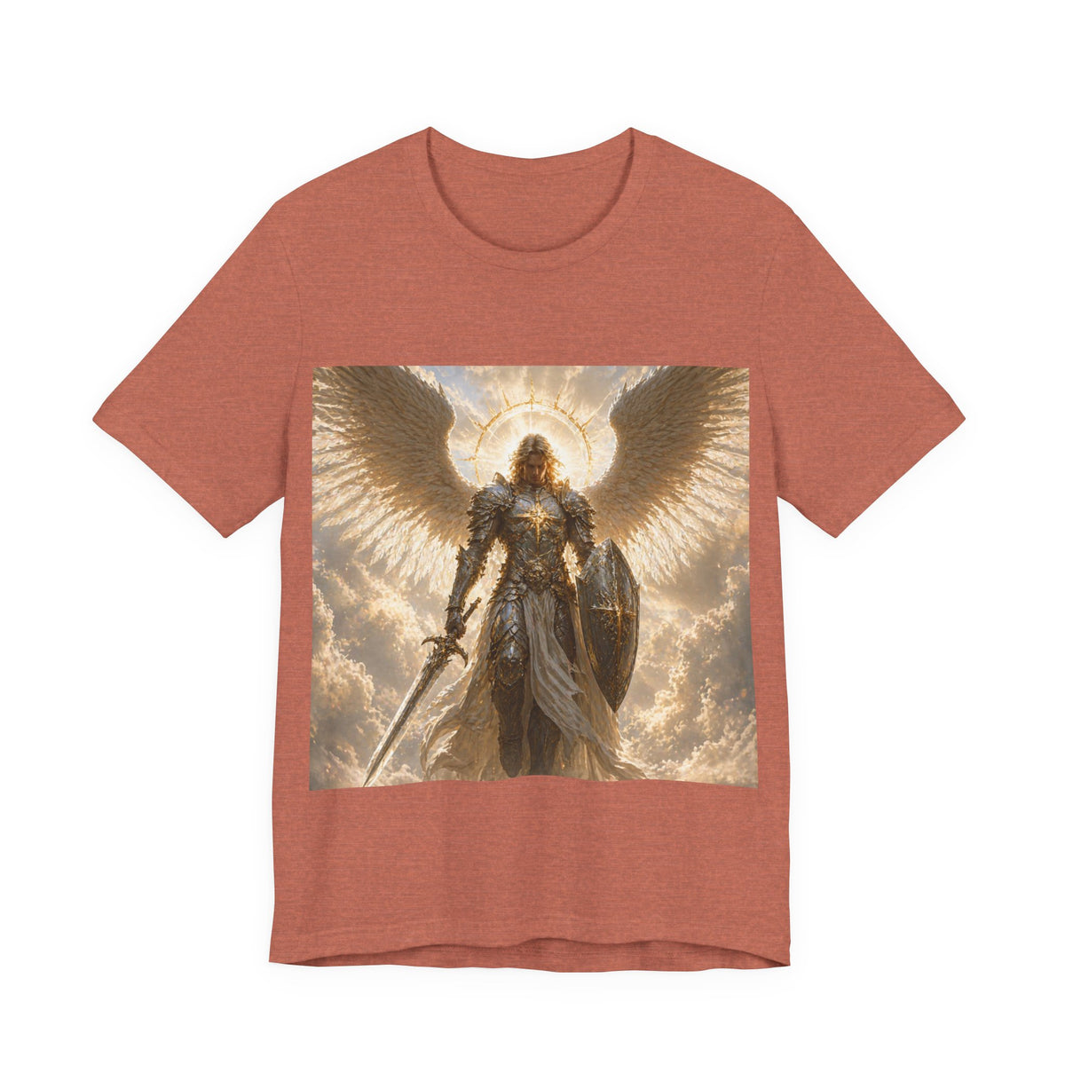 Archangel Warrior Graphic Tee — Golden Angel with Sword & Shield