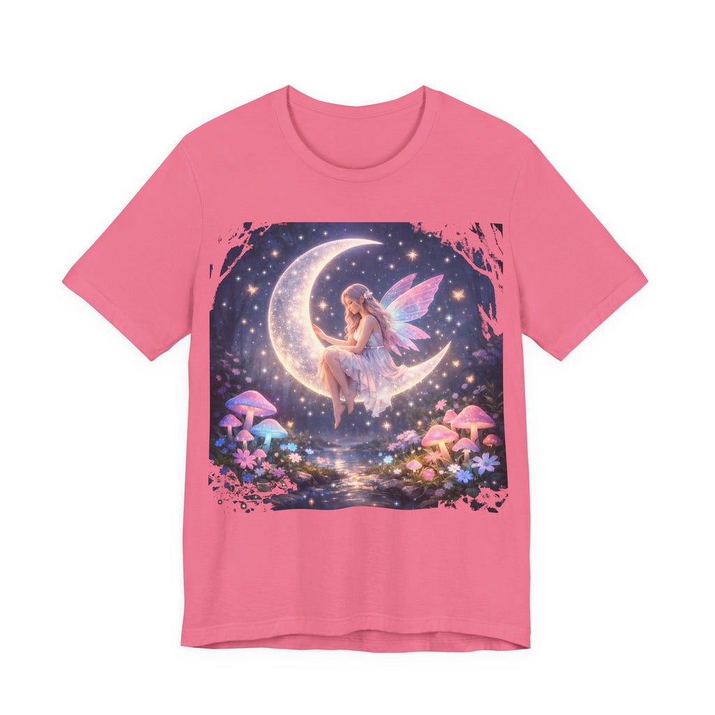 Fairy on the Moon T‑Shirt — Dreamy Fantasy Night Tee with Fairy and Mushrooms