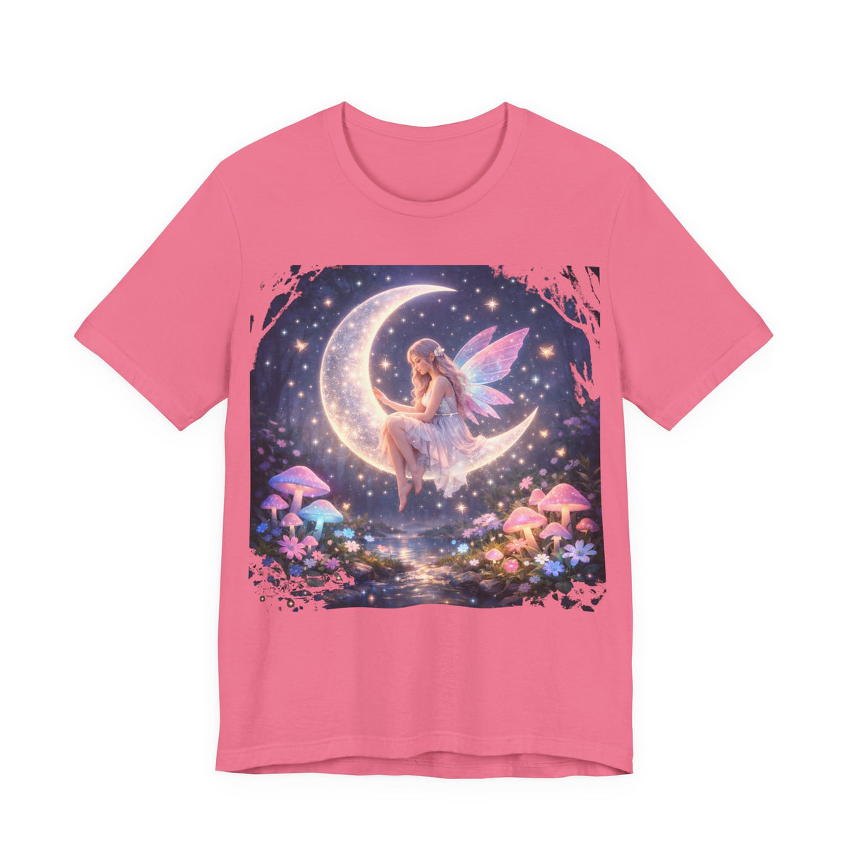 Fairy on the Moon T‑Shirt — Dreamy Fantasy Night Tee with Fairy and Mushrooms