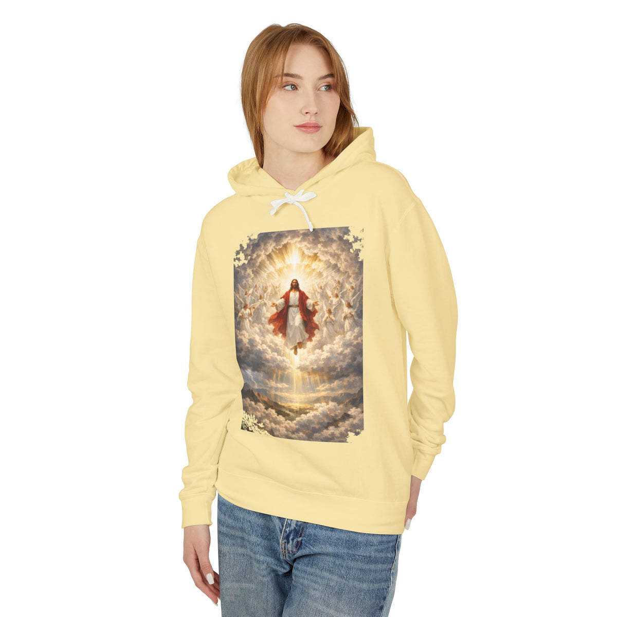 Christian Jesus Hoodie — Ascension Clouds Religious Graphic Sweatshirt