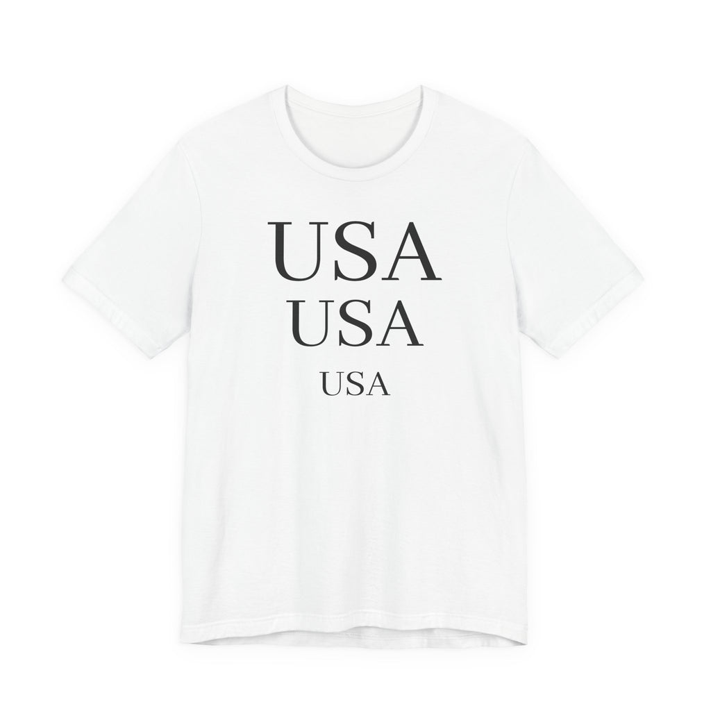 USA Minimalist Tee — Patriotic Text Graphic T-Shirt