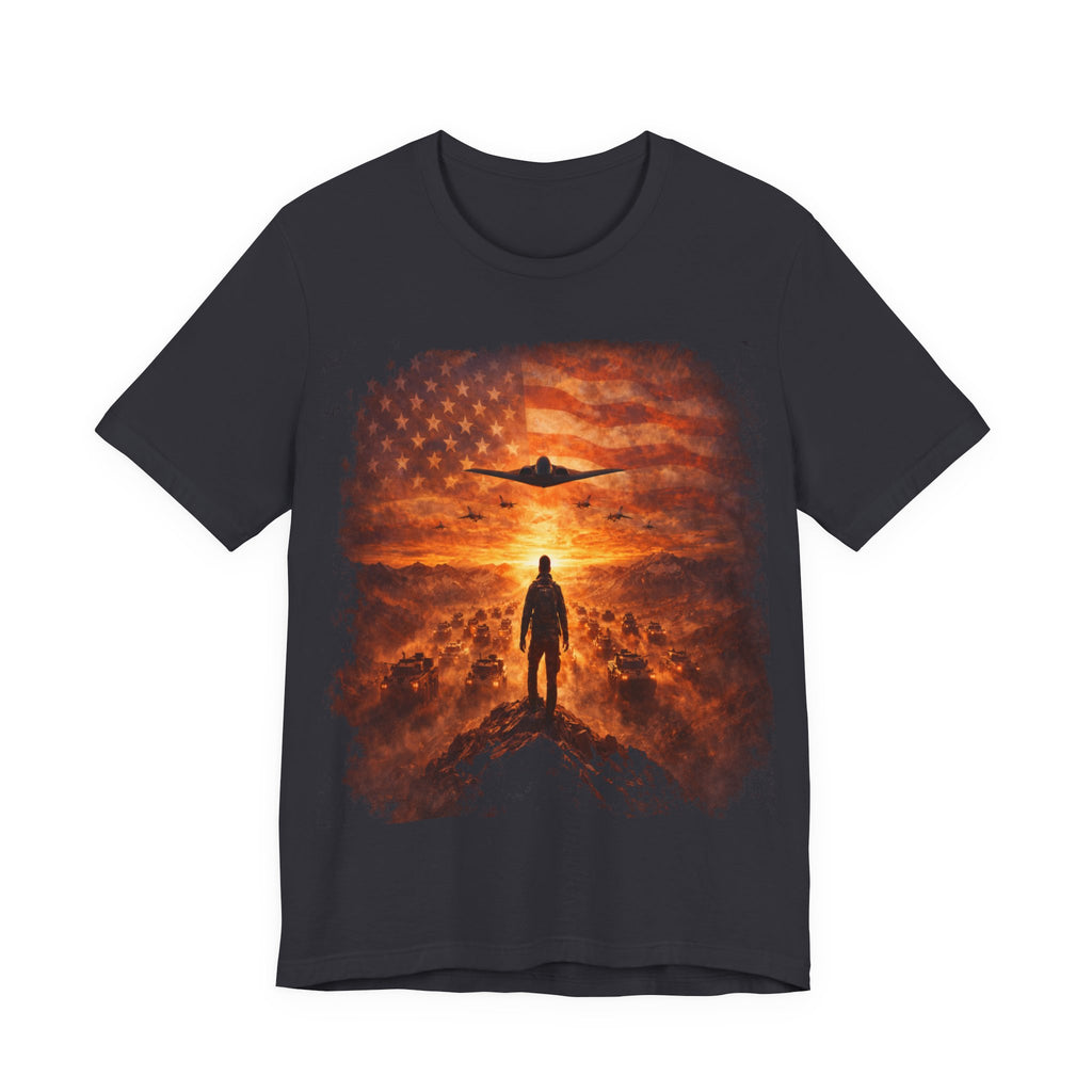 USA-Military Aviation T-Shirt — Bomber Silhouette with American Flag Sunset