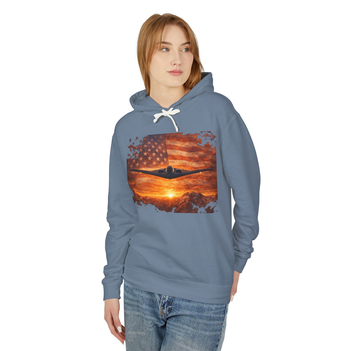 B-2 Stealth Bomber Flag Hoodie — American Aviation Sunset Pullover