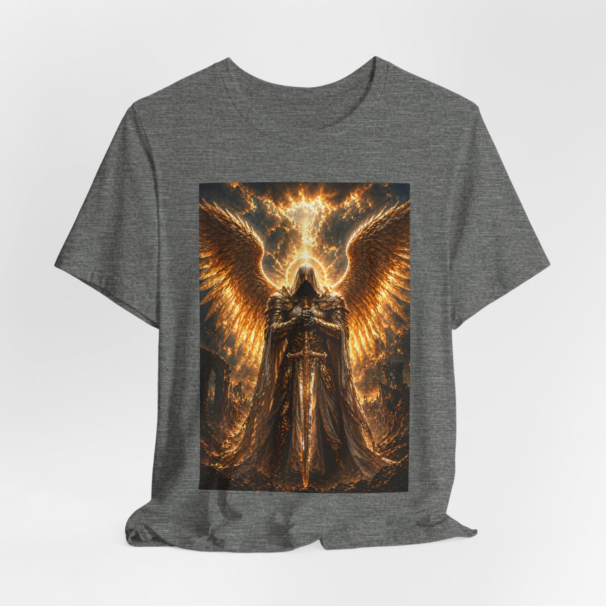Gods Angel Warrior Graphic Tee — Golden Guardian Winged Angel T-Shirt