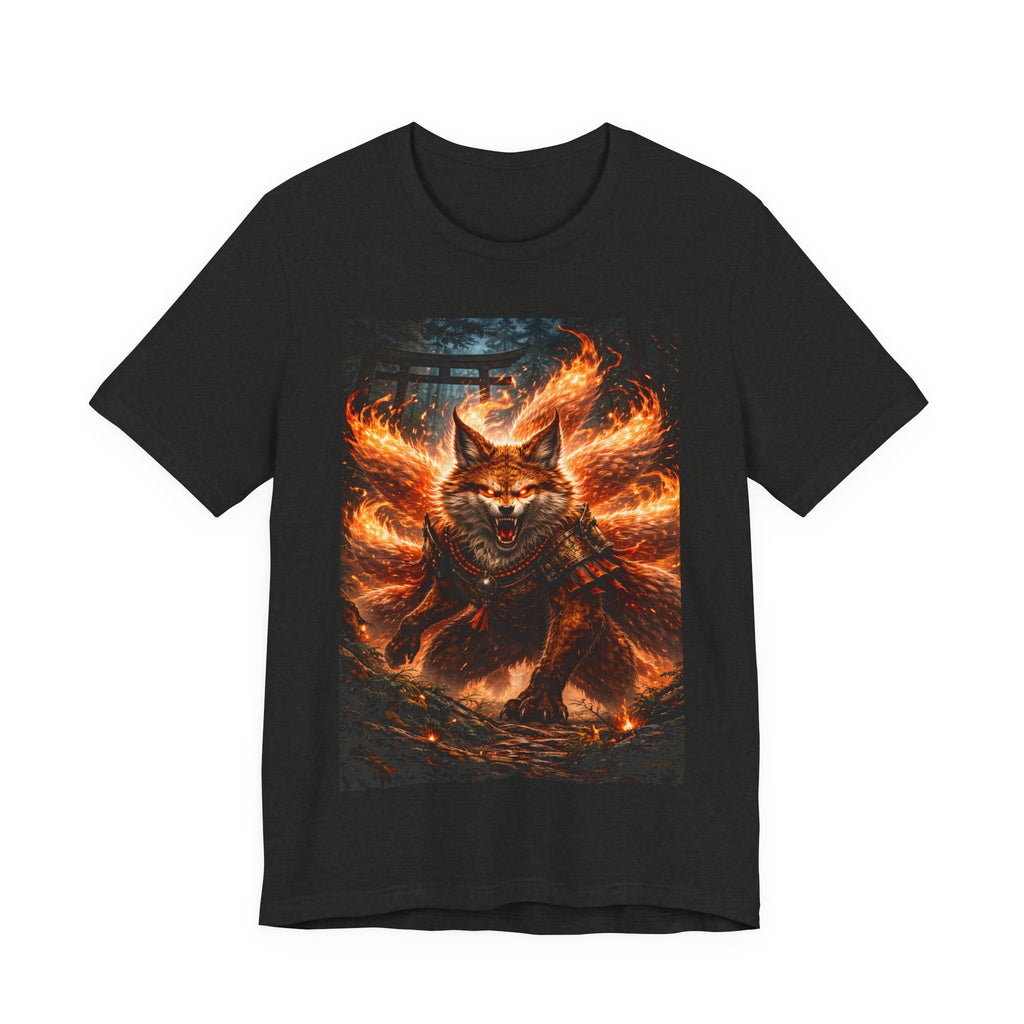 Fiery Nine-Tailed Fox Graphic Tee – Mythic Kitsune Flame Shirt