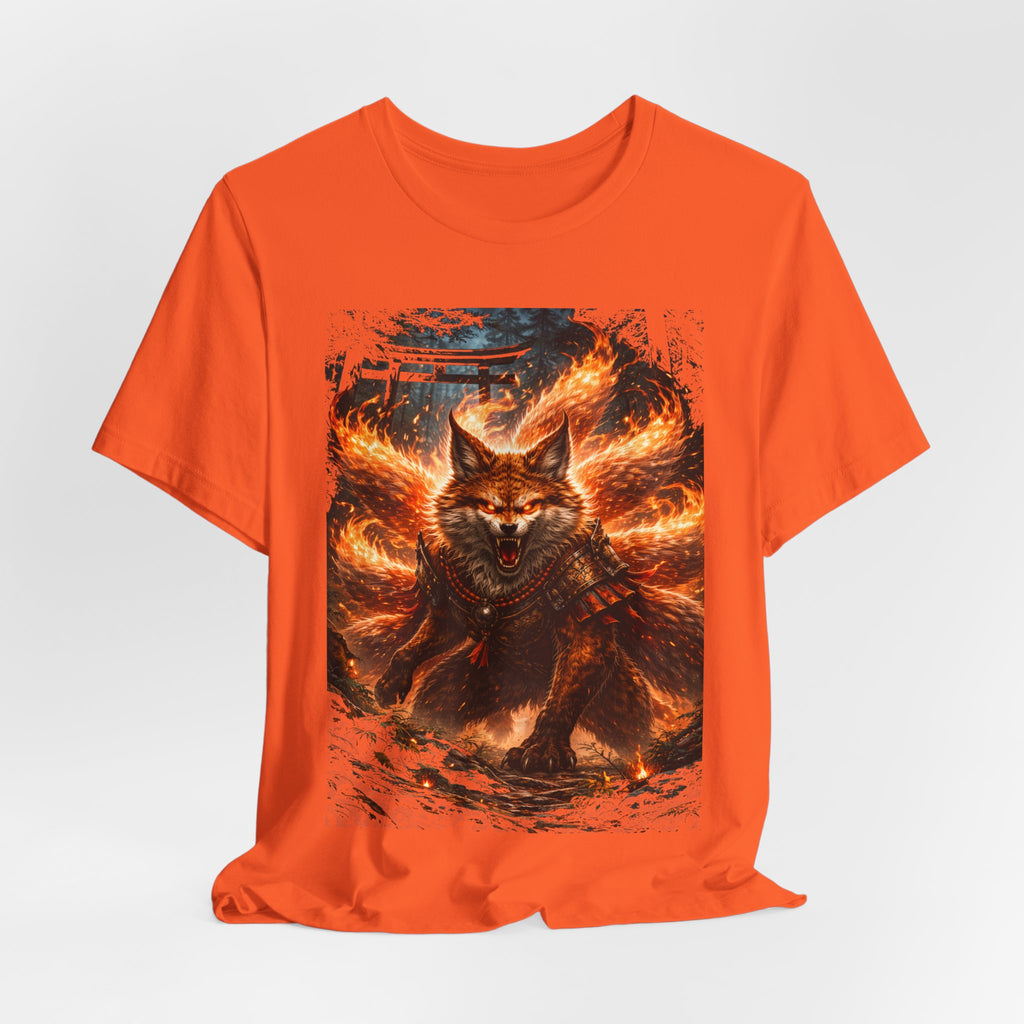 Fiery Nine-Tailed Fox Graphic Tee – Mythic Kitsune Flame Shirt