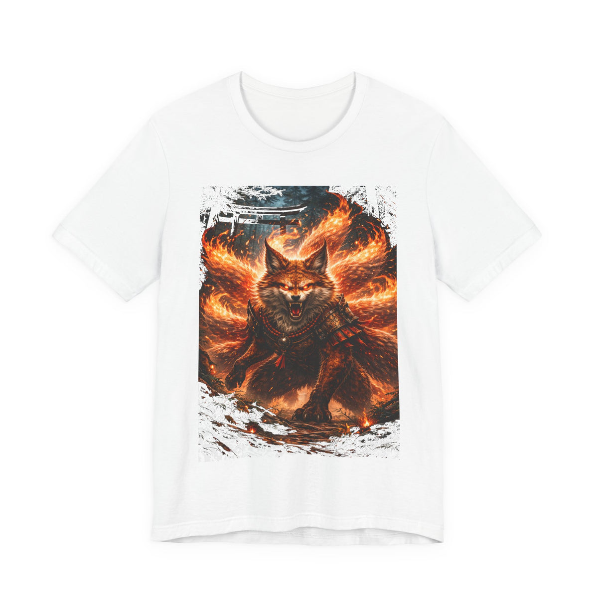 Fiery Nine-Tailed Fox Graphic Tee – Mythic Kitsune Flame Shirt