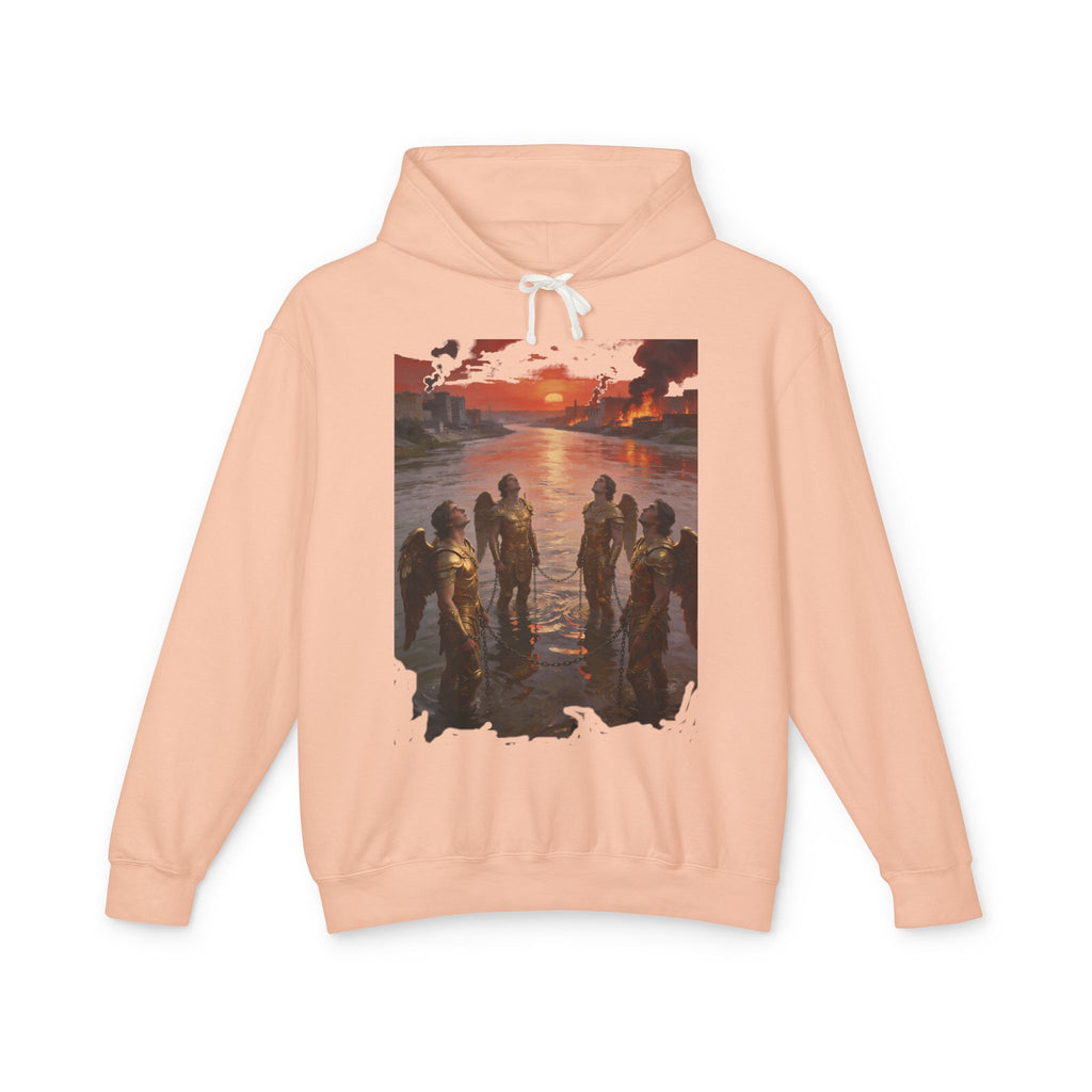 Revelation 9 reveals four fallen angels bound in the Euphrates River  Crew Hooded Sweatshirt