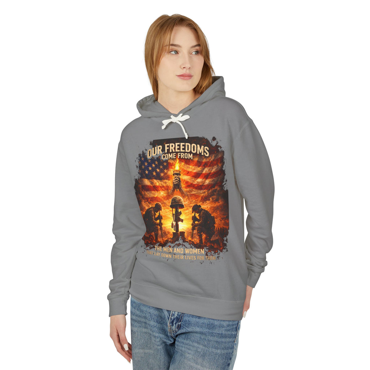Veteran Tribute Hoodie — "Our Freedoms Come From" Memorial Military Hooded Sweatshirt