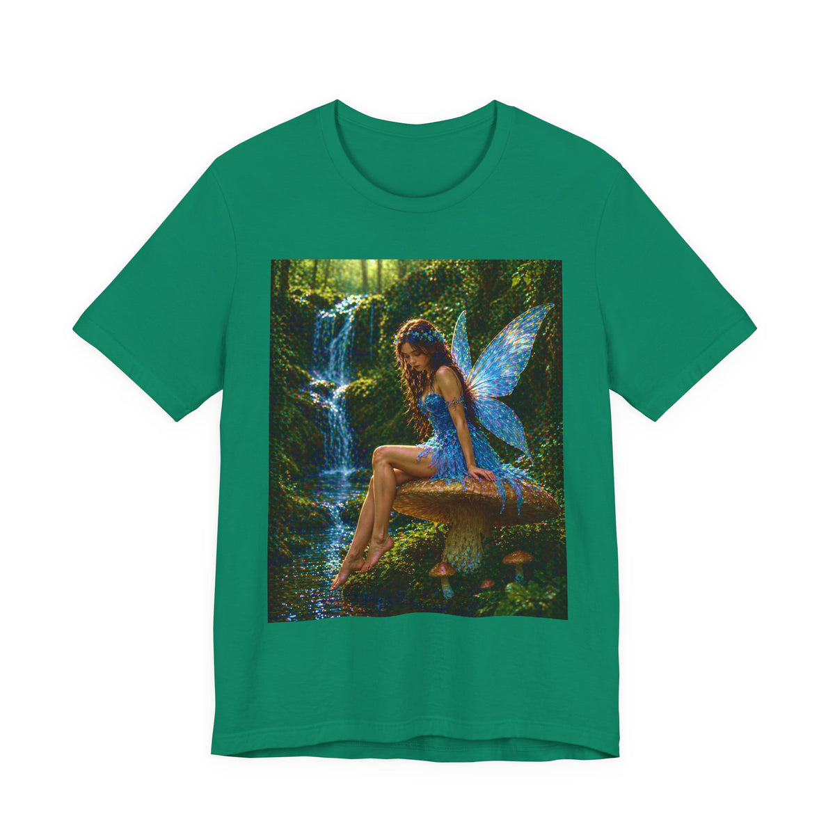 Fairy Forest T-Shirt — Enchanted Blue Fairy Sitting by Waterfall