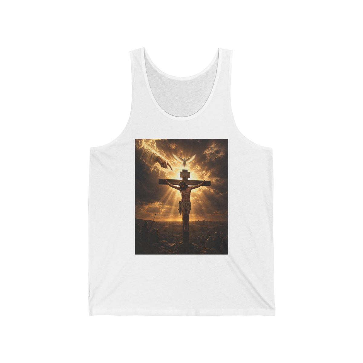 Christian Crucifixion Tank Top — Jesus on the Cross with Dove & Radiant Light