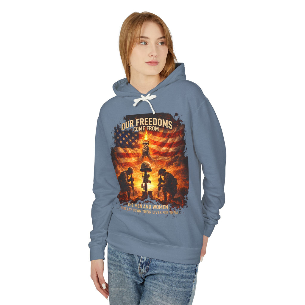 Veteran Tribute Hoodie — "Our Freedoms Come From" Memorial Military Hooded Sweatshirt