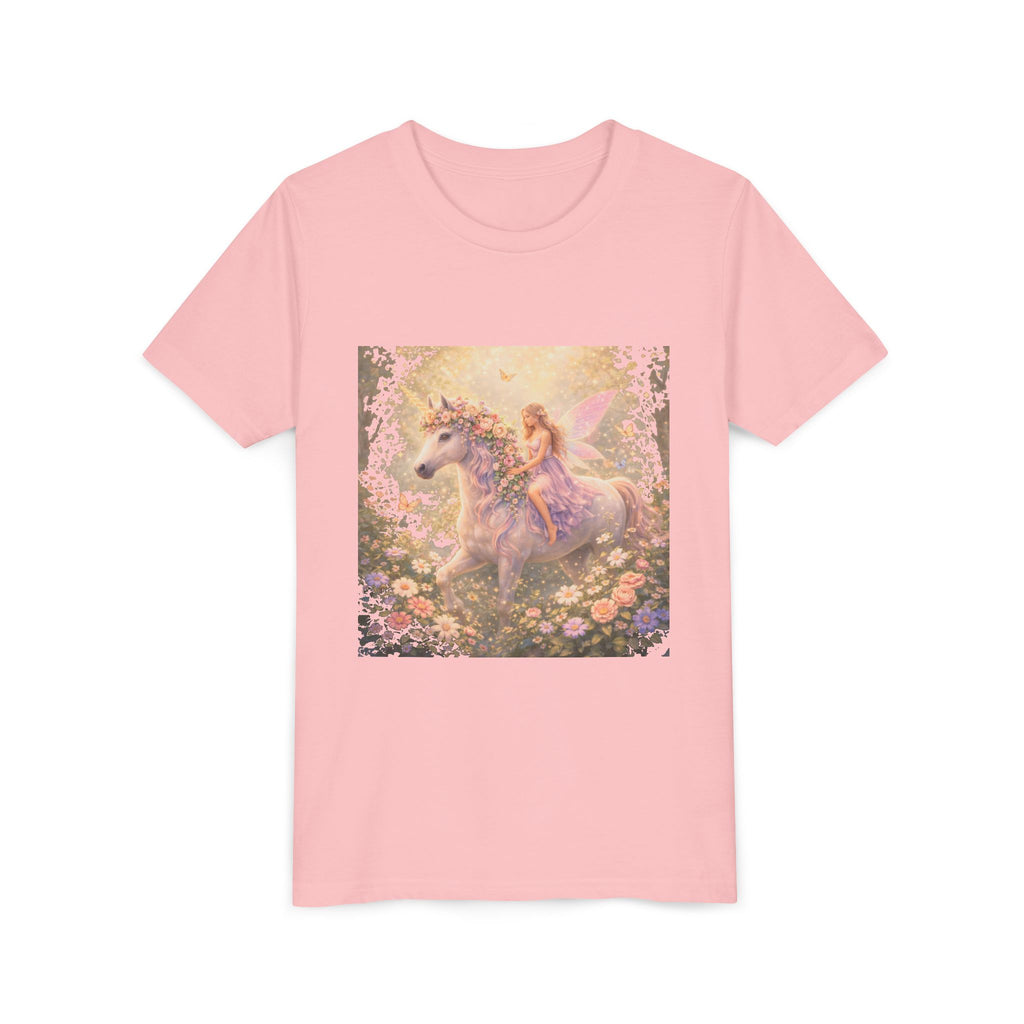 Youth Tee — Magical Fairy Riding Unicorn in Floral Garden Kids Shirt
