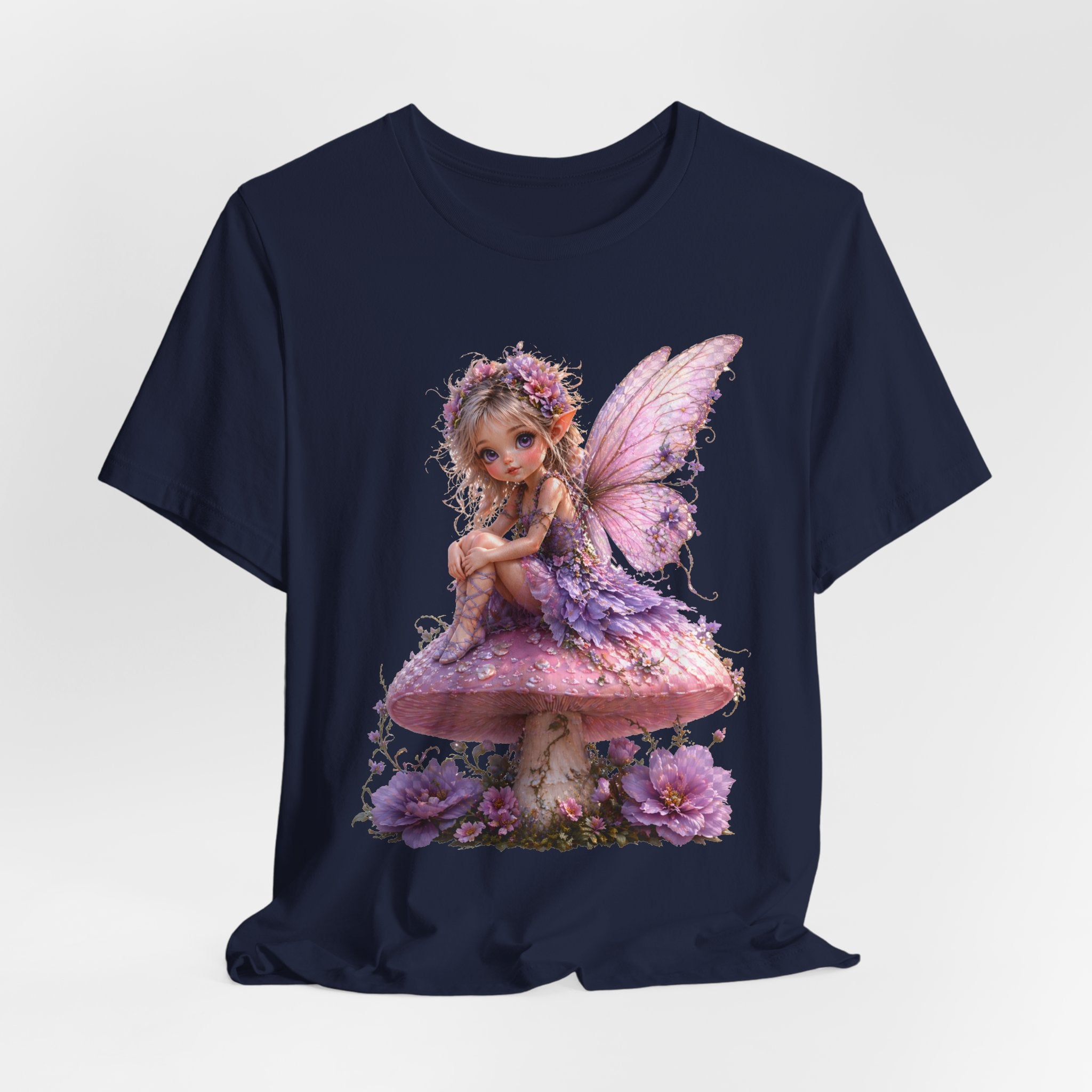 Fairy on Mushroom T-Shirt — Cute Pink Butterfly Fairy Graphic Tee for Kids & Adults