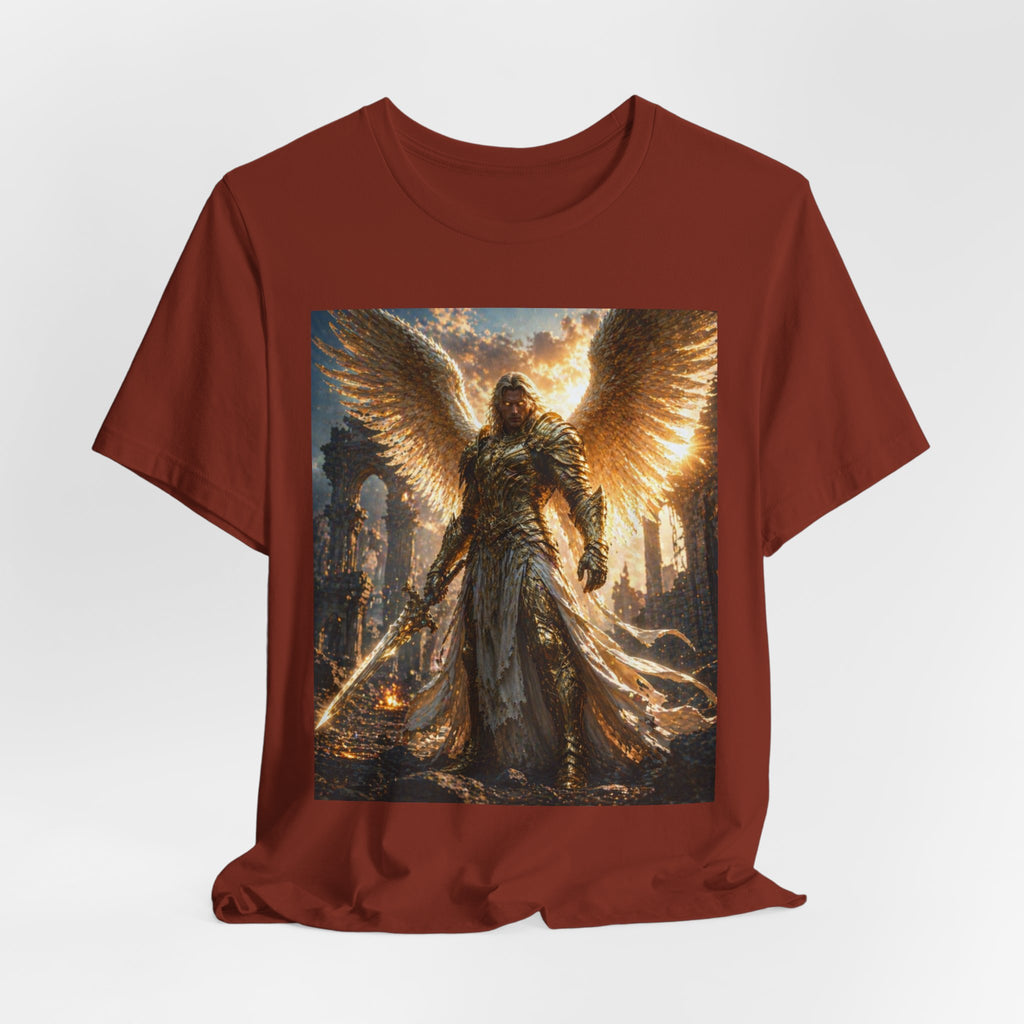 Angel Warrior Graphic Tee — Golden Archangel Battle Scene T-Shirt