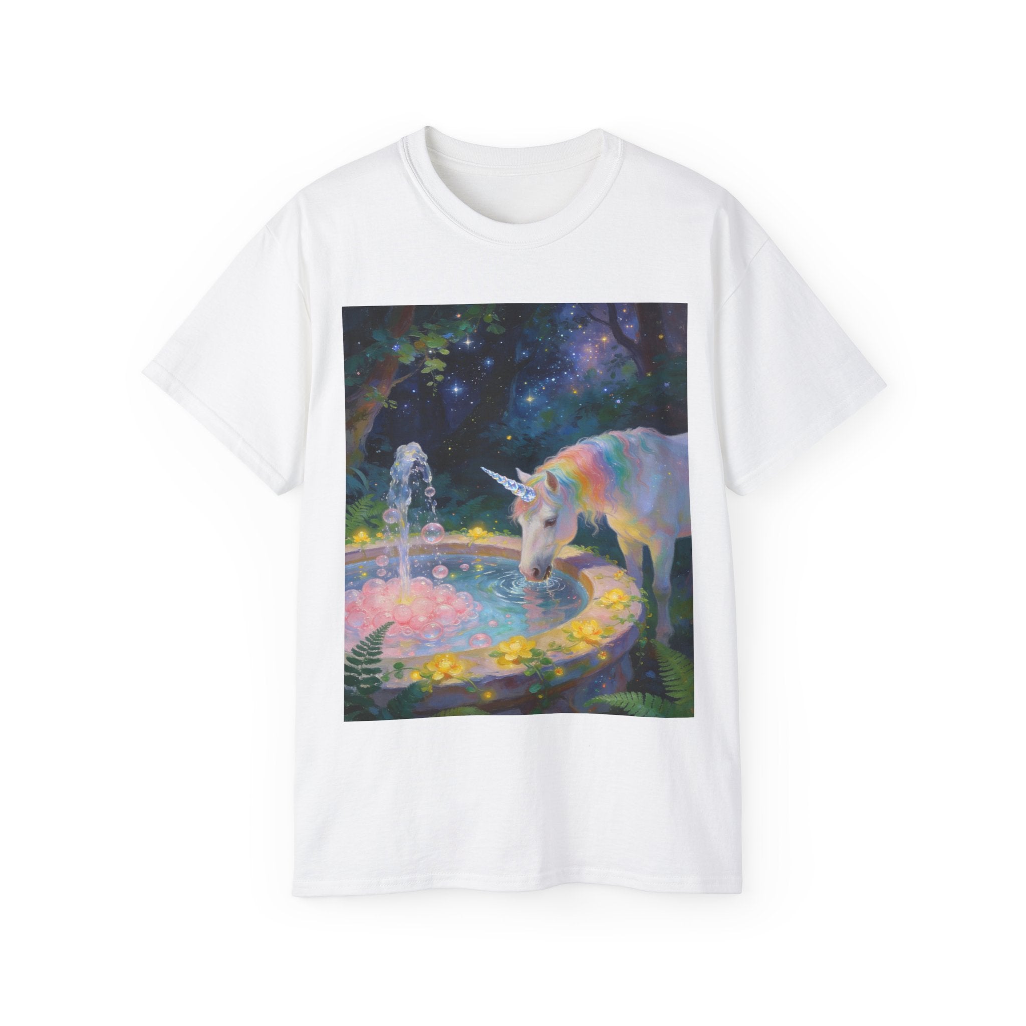 Copy of Unicorn Night Garden Tee — Rainbow Unicorn at Moonlit Fountain T-Shirt