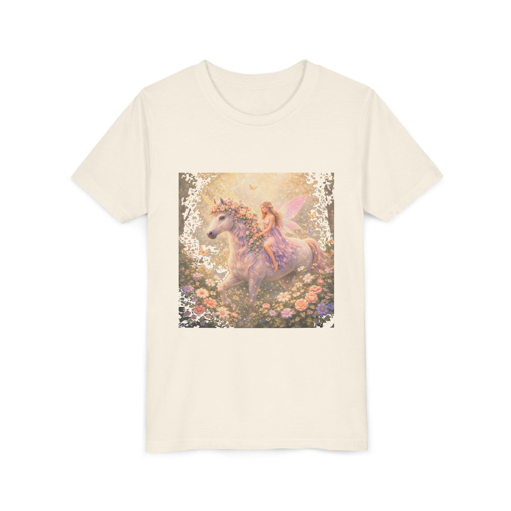 Youth Tee — Magical Fairy Riding Unicorn in Floral Garden Kids Shirt