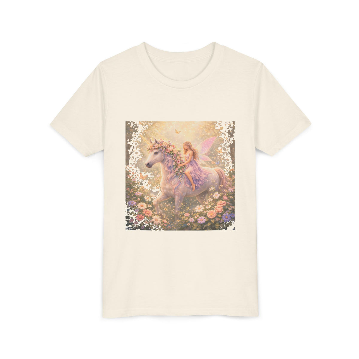 Youth Tee — Magical Fairy Riding Unicorn in Floral Garden Kids Shirt