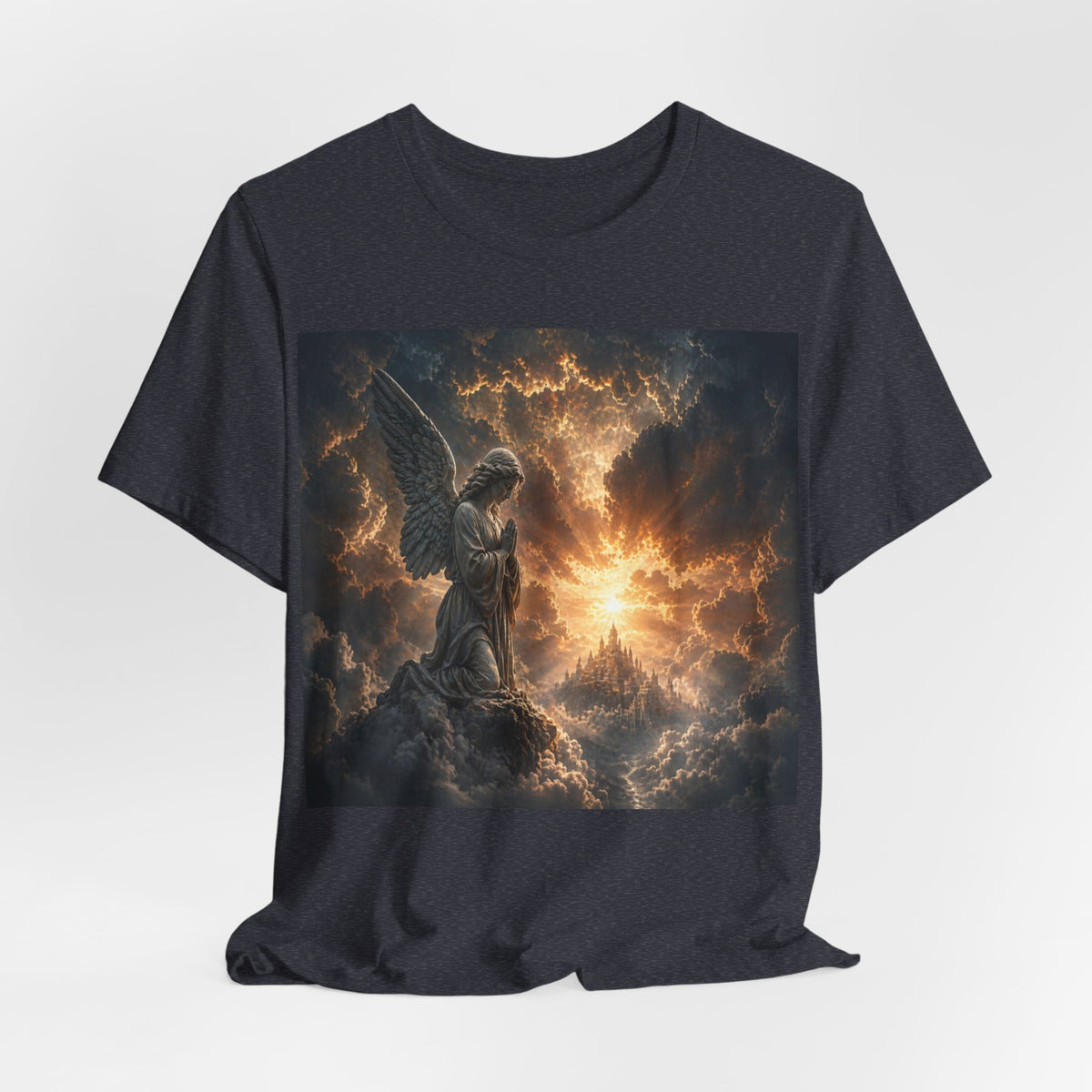 Angel in Storm Graphic Tee — Dramatic Celestial Art T-Shirt