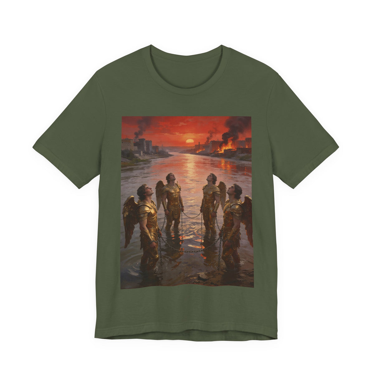 Revelation 9 reveals four fallen angels bound in the Euphrates River, awaiting God’s appointed time to bring judgment. T-Shirt
