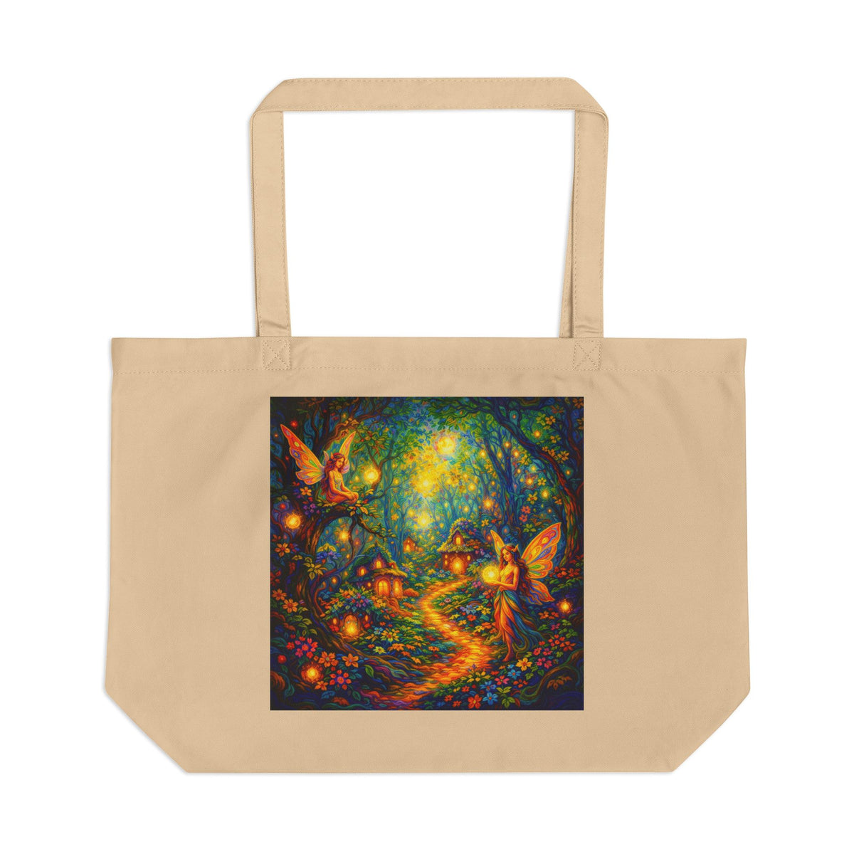 Fairy Garden Eco Tote — Large Canvas Market Bag with Enchanted Forest Artwork