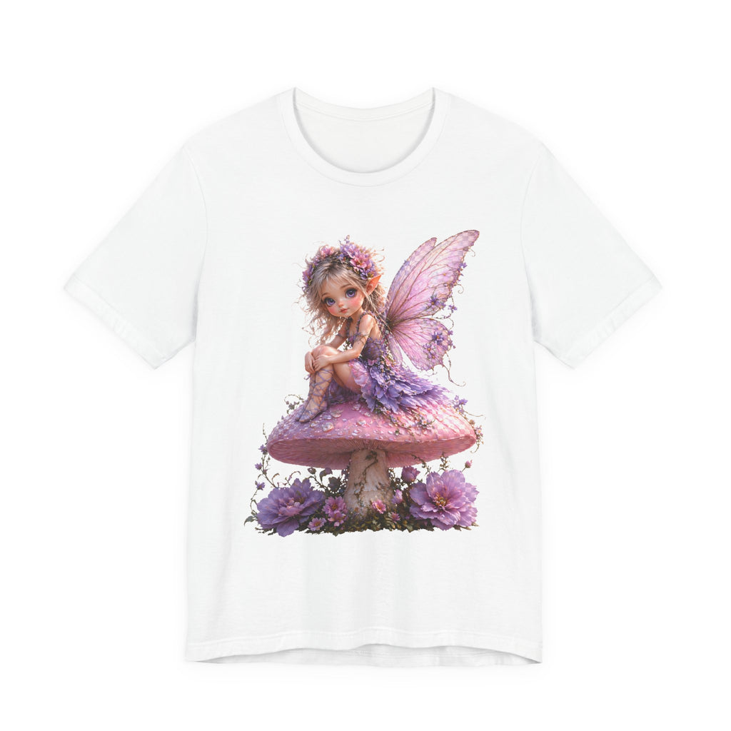 Fairy on Mushroom T-Shirt — Cute Pink Butterfly Fairy Graphic Tee for Kids & Adults