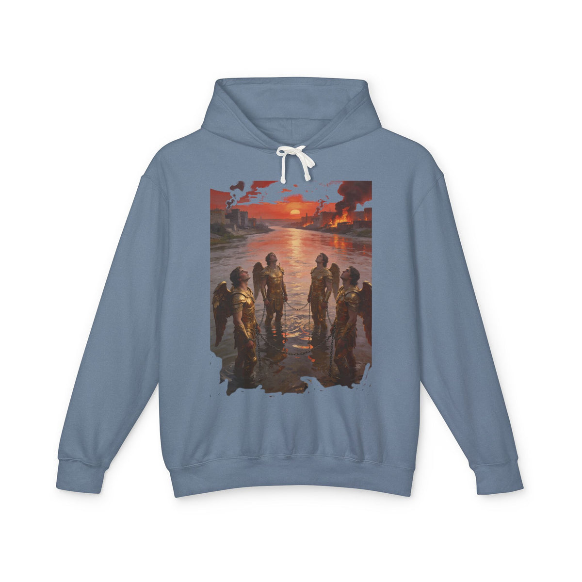 Revelation 9 reveals four fallen angels bound in the Euphrates River  Crew Hooded Sweatshirt