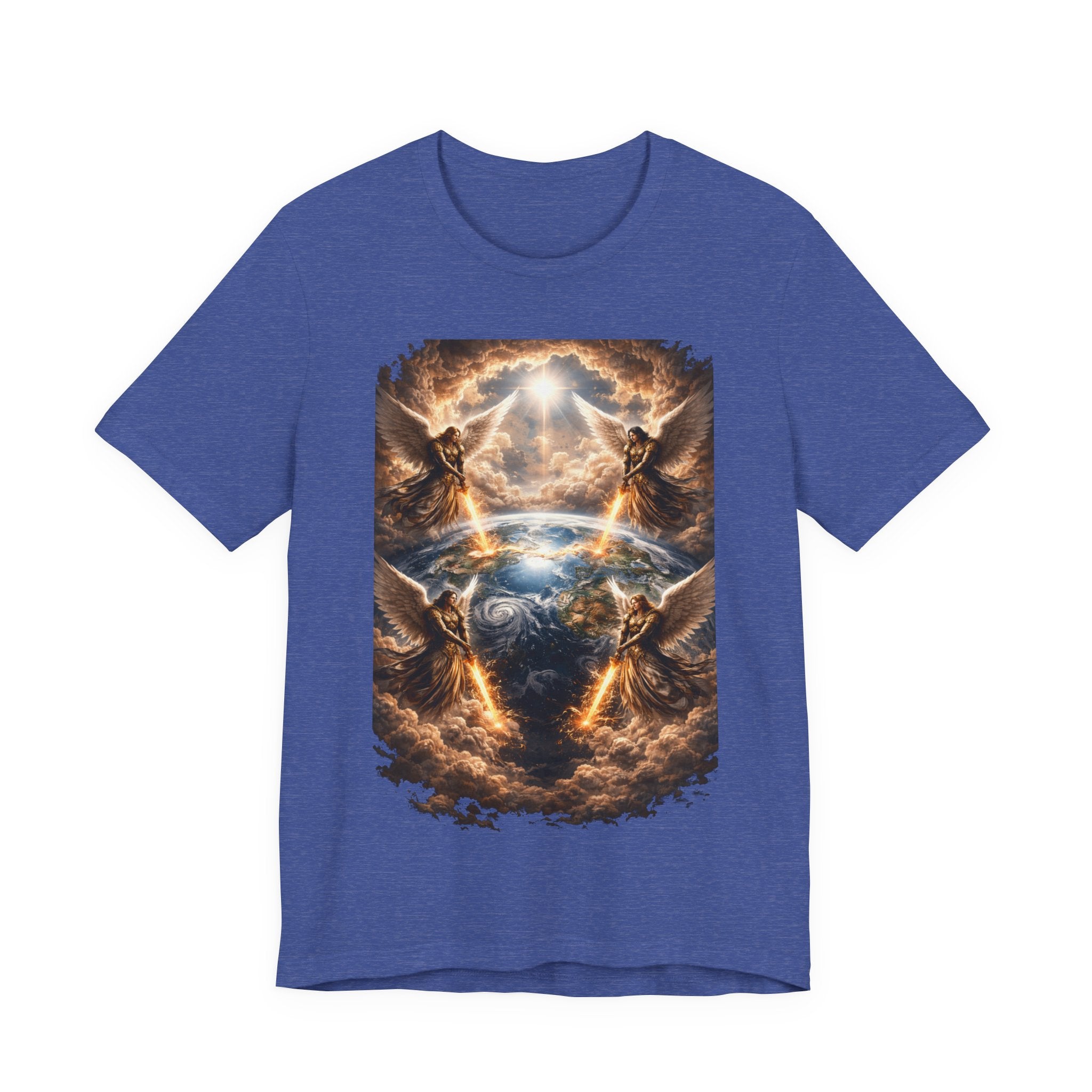 Revelation 7:1 Four angels standing on the four corners of the earth as seen from heaven-when the secound comingis near T‑Shirt — Heavenly Earth & Angels Graphic Tee